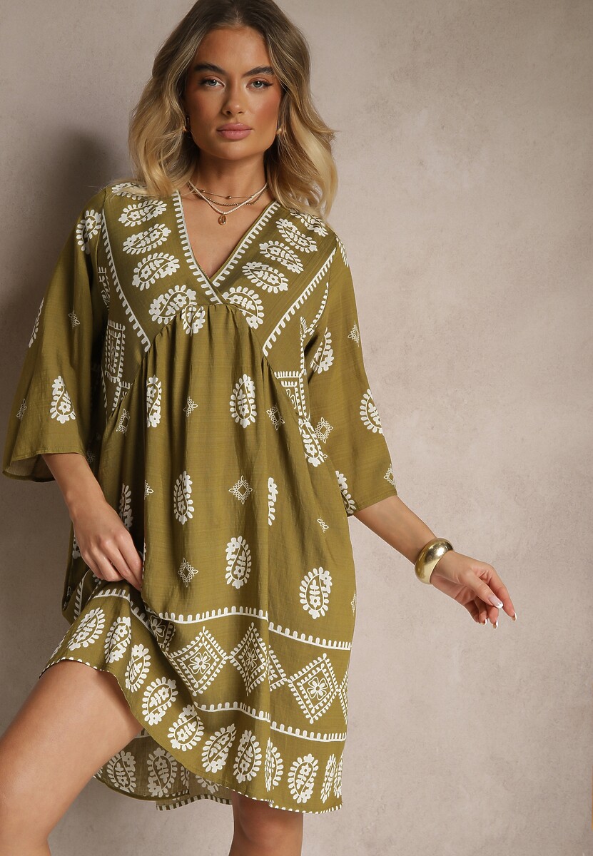 Ciemnozielona Sukienka z Wiskozy w Stylu Boho Virisna