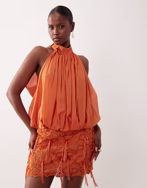 pleated halter neck draped embellished mini dress in orange