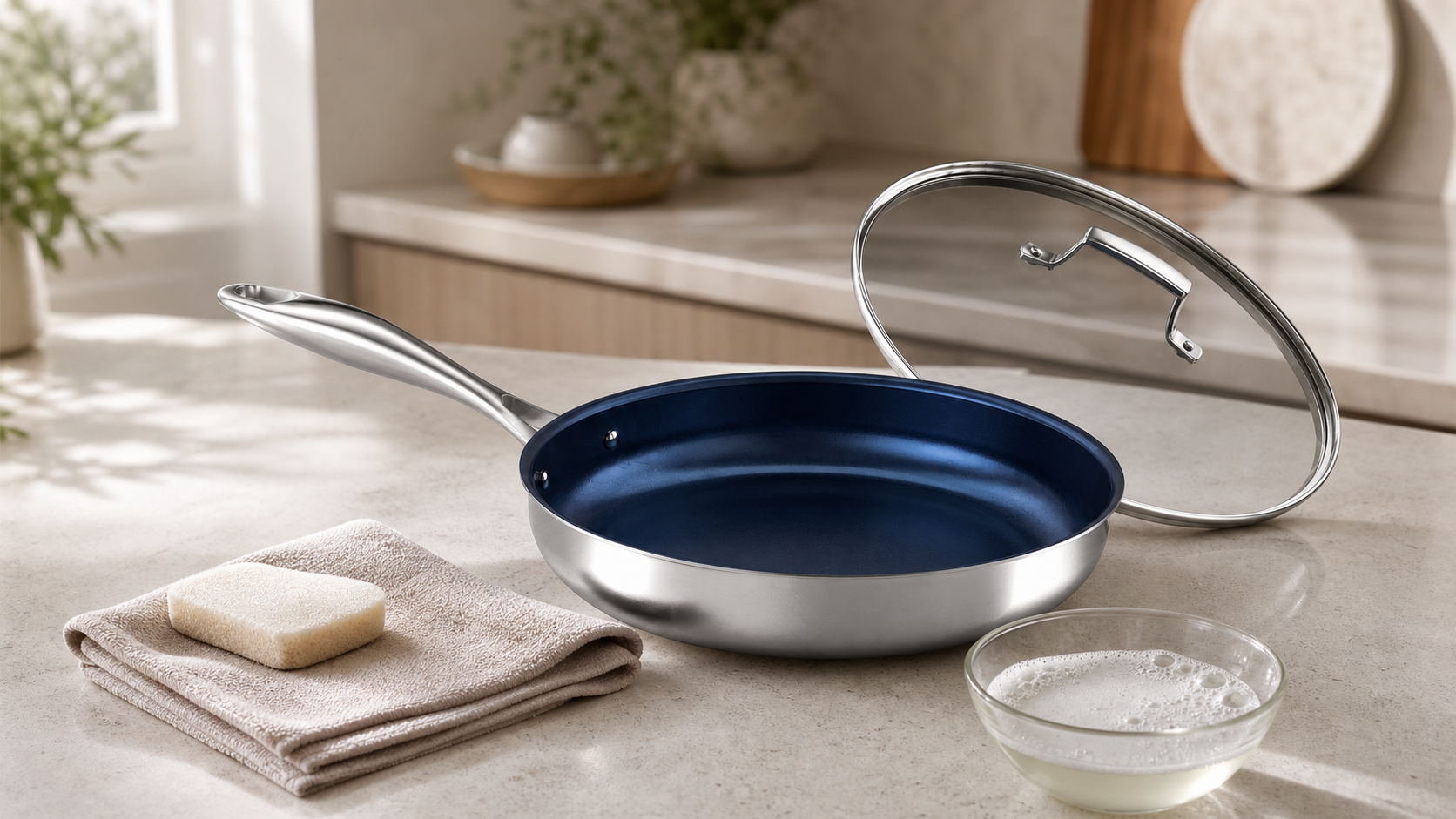 AVINOTI titanium frying pan with a soft cloth, non-abrasive sponge and mild soapy water for gentle cleaning