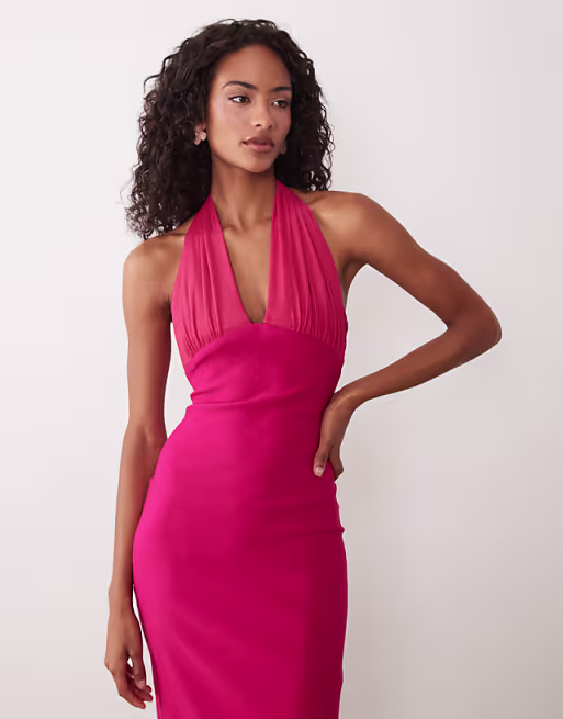 Vesper bengaline halter scoop neck maxi dress in pink