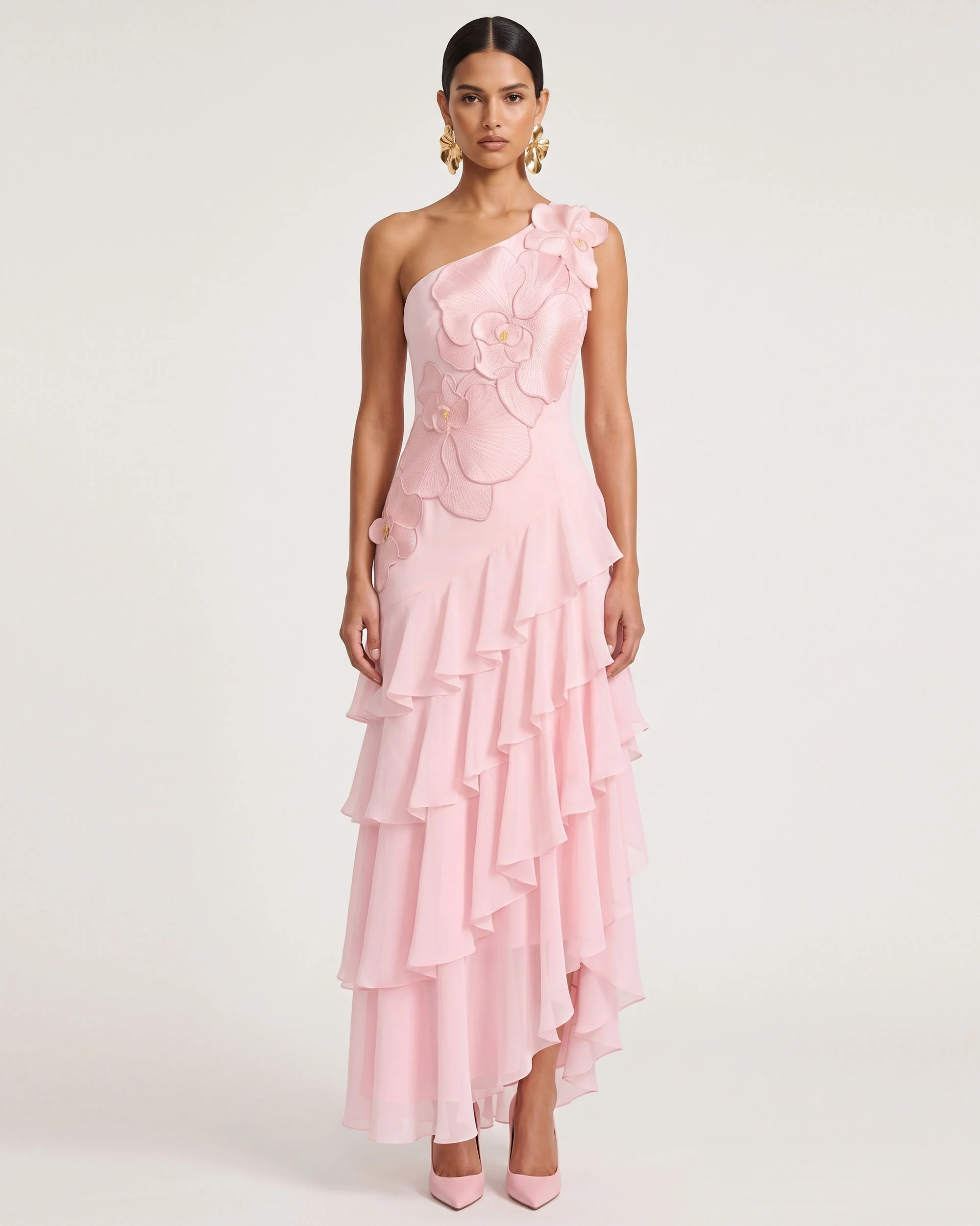 Orchid Embroidered One Shoulder Ruffle Maxi Dress - Pink