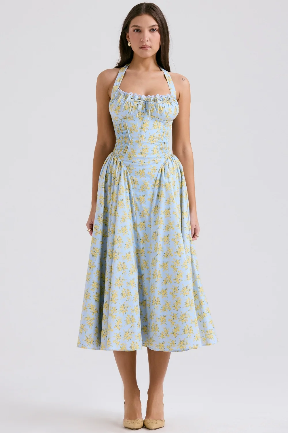 Soft Blue Vintage Floral Print Cotton Halter Sundress