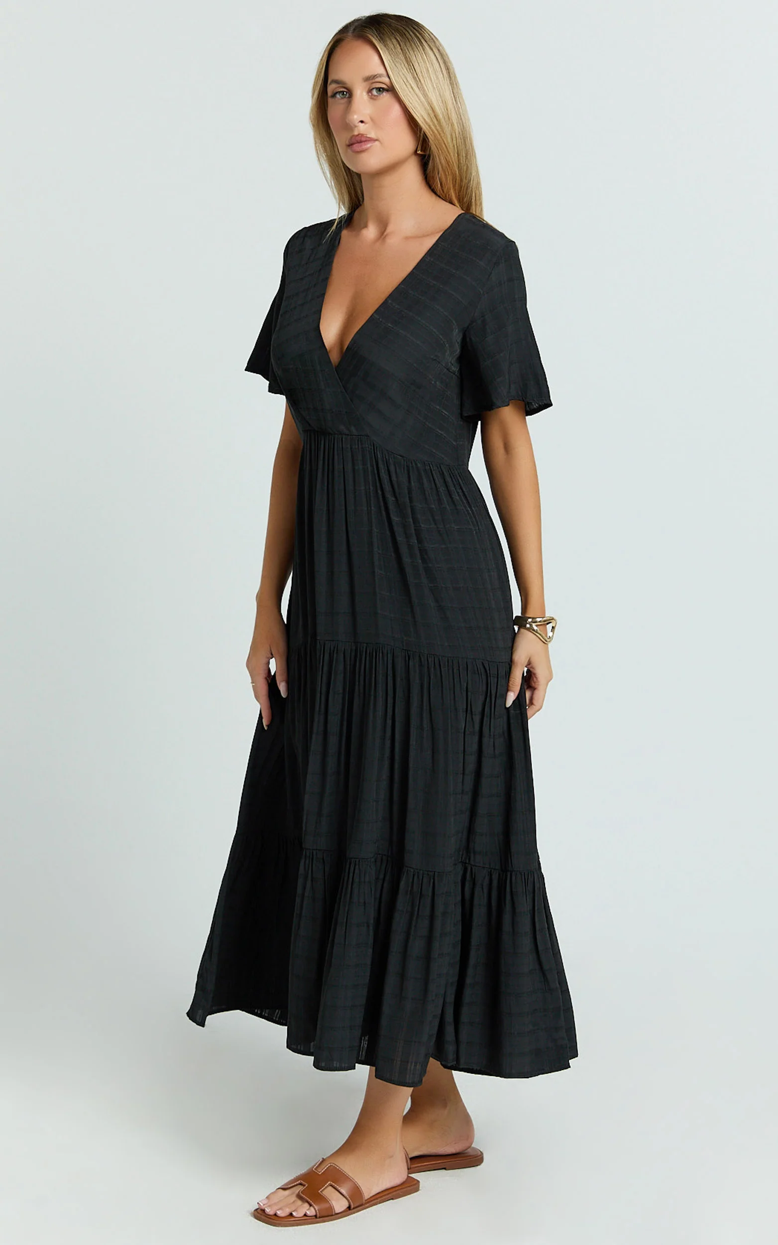 Cryzel Midi Dress - Flutter Sleeve Tiered Dress in Black