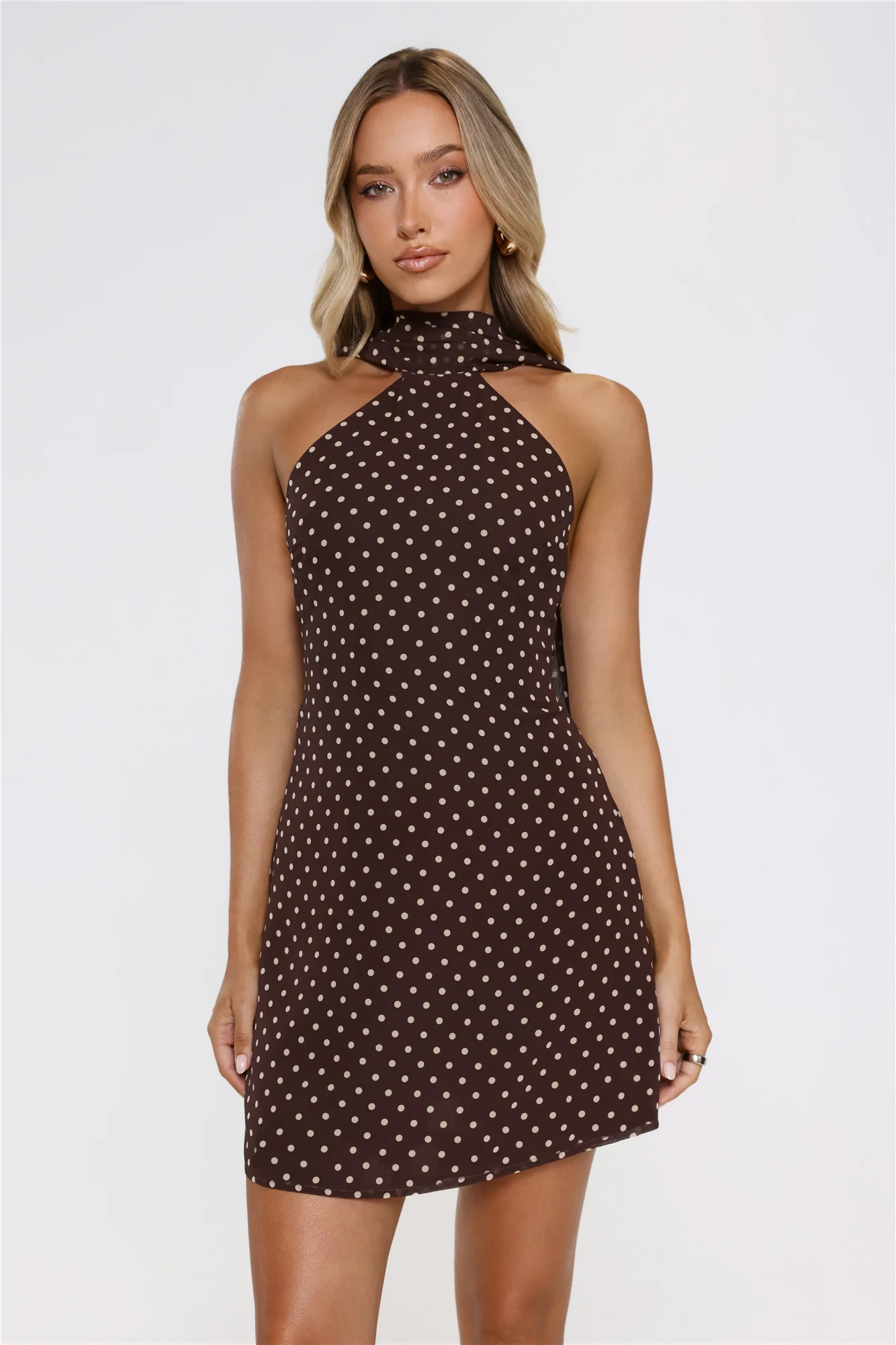 Chic Babe Polka Dot Halter Mini Dress Brown