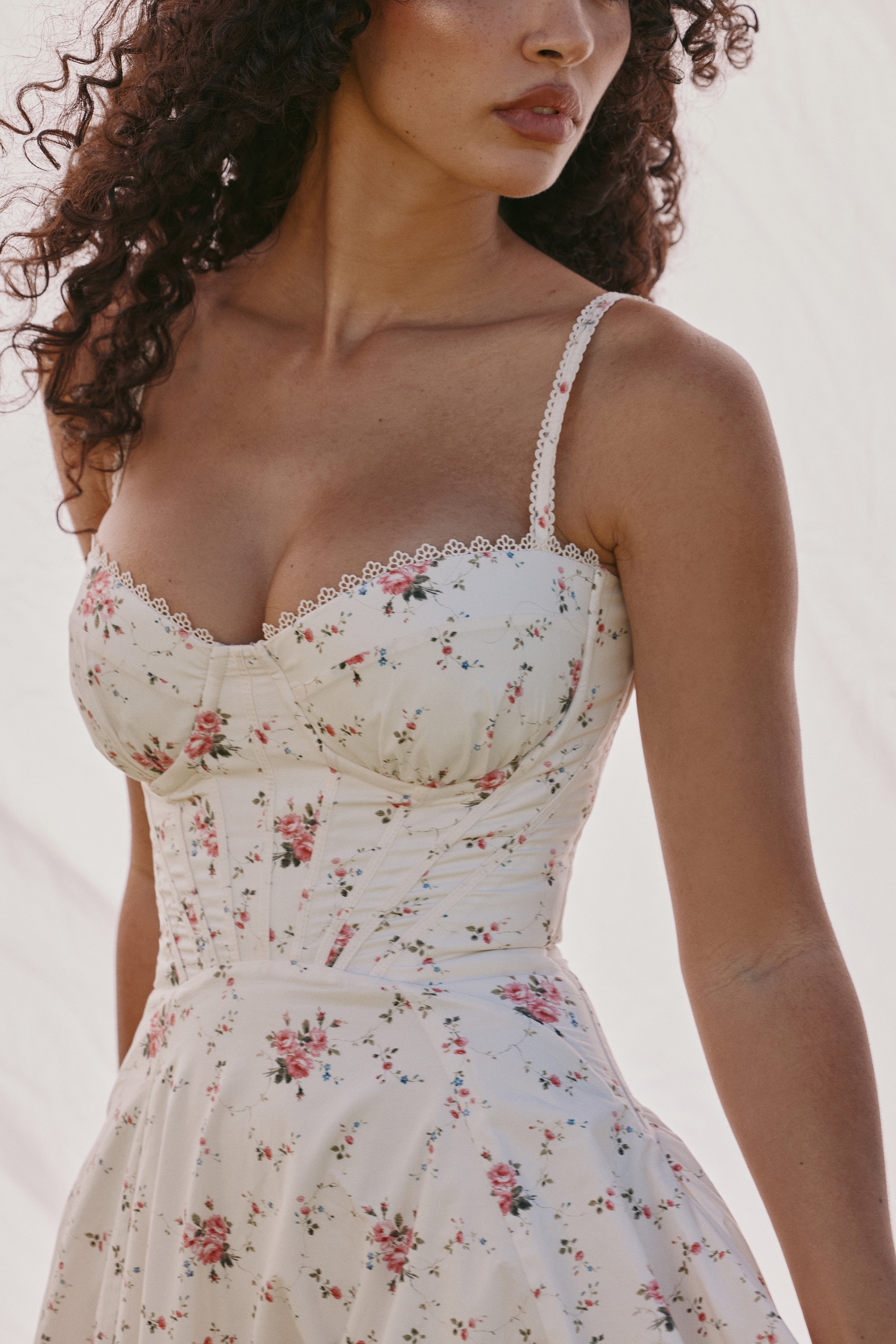 White Stretch Cotton Rose Print Midi Sundress