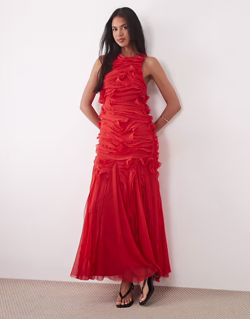 sleeveless maxi dress with tendril details in red