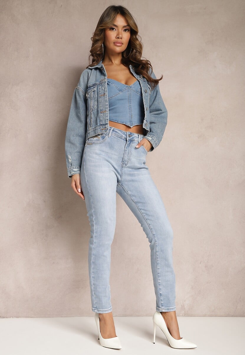 Jasnoniebieskie Jeansy Skinny z Subtelnymi Przetarciami i Przeszyciami na Kieszeniach Lenari