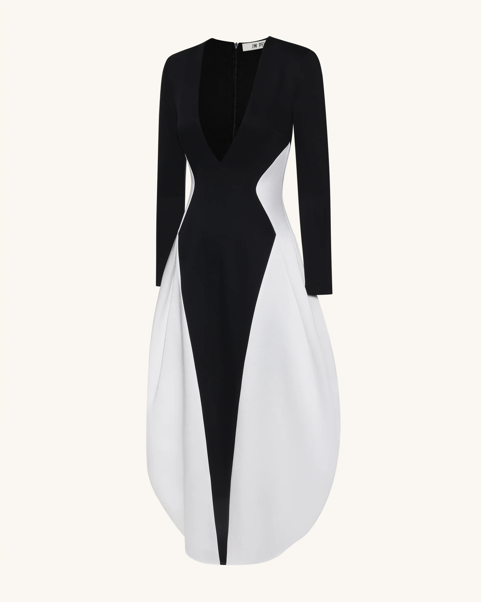 Monochrome Paneled Plunging V-Neck Long-Sleeve Maxi Dress - Black - FASHION NOB