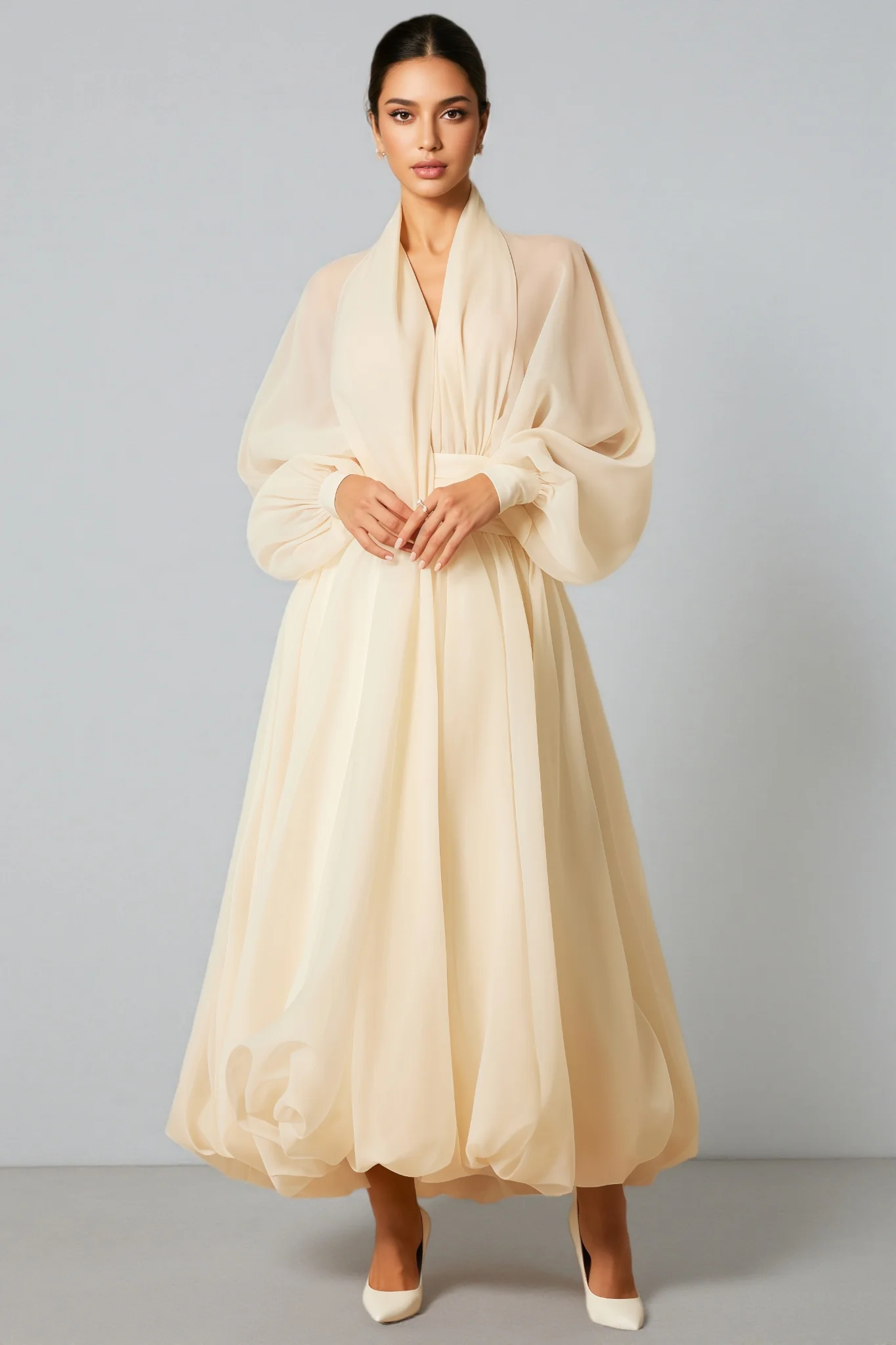 Selma Deep V-neck Puff Sleeve Maxi Dress