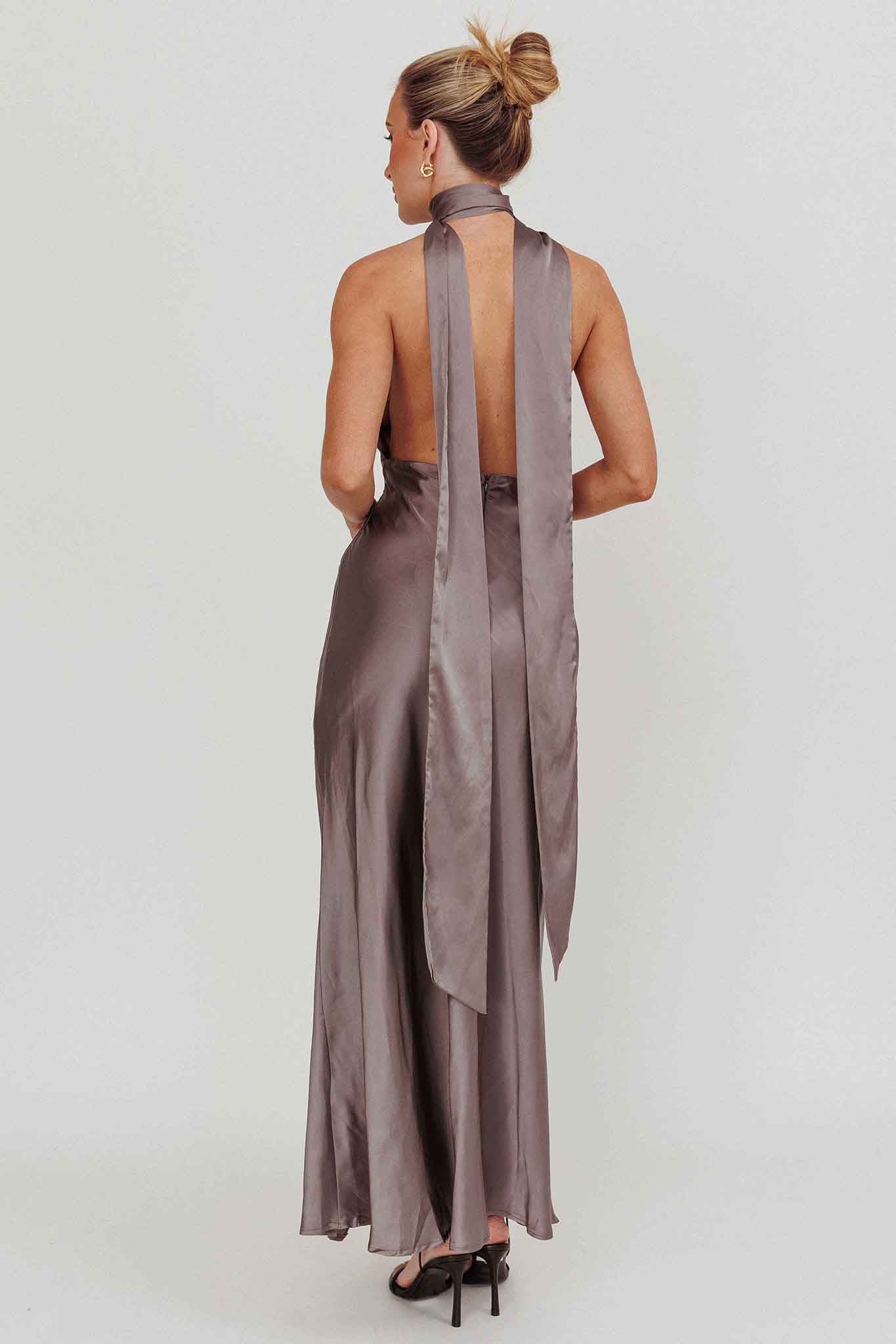 Italia Azure Halterneck Rosette Maxi Dress Grey - luluinthesky
