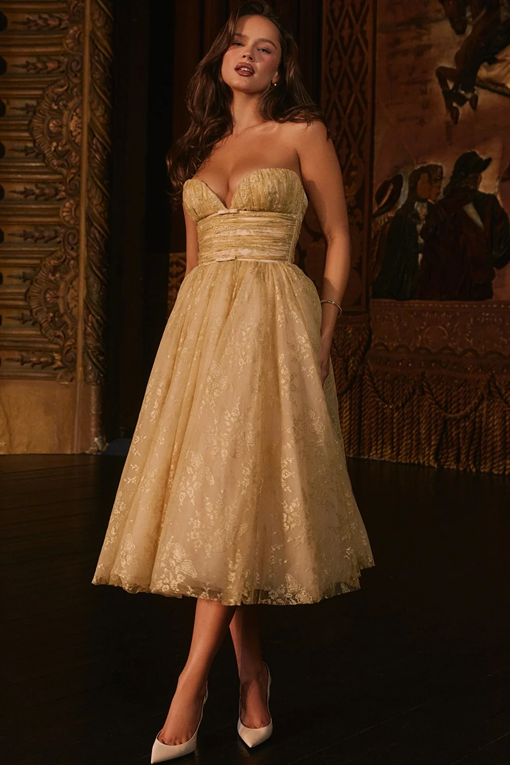 gold metallic lace tulle midi gown