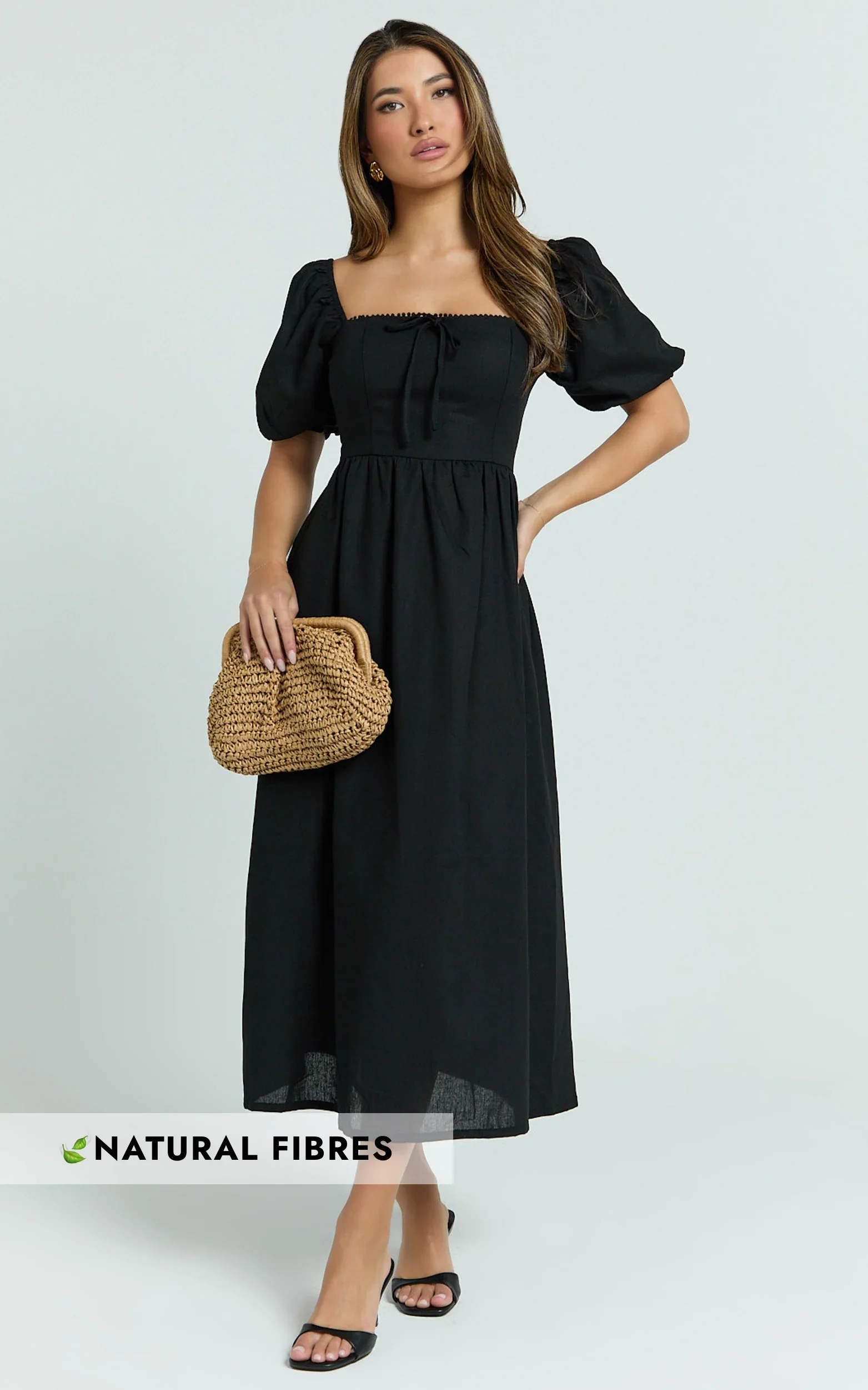 Quinn Midi Linen Blend Dress - Puff Sleeve Square Neck Dress in Black