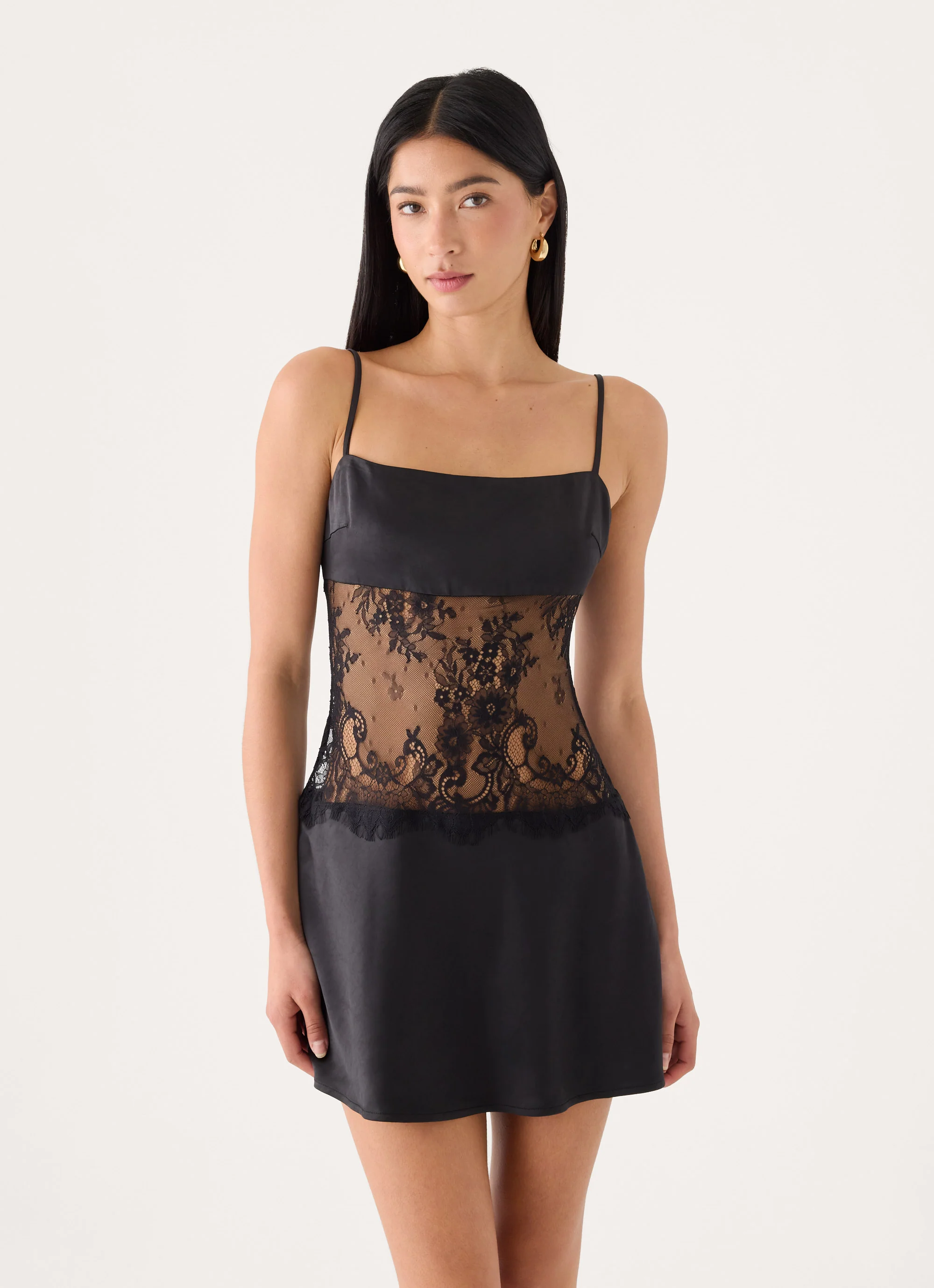 Eunia Lace Spliced Mini Dress - Black - FASHION NOB