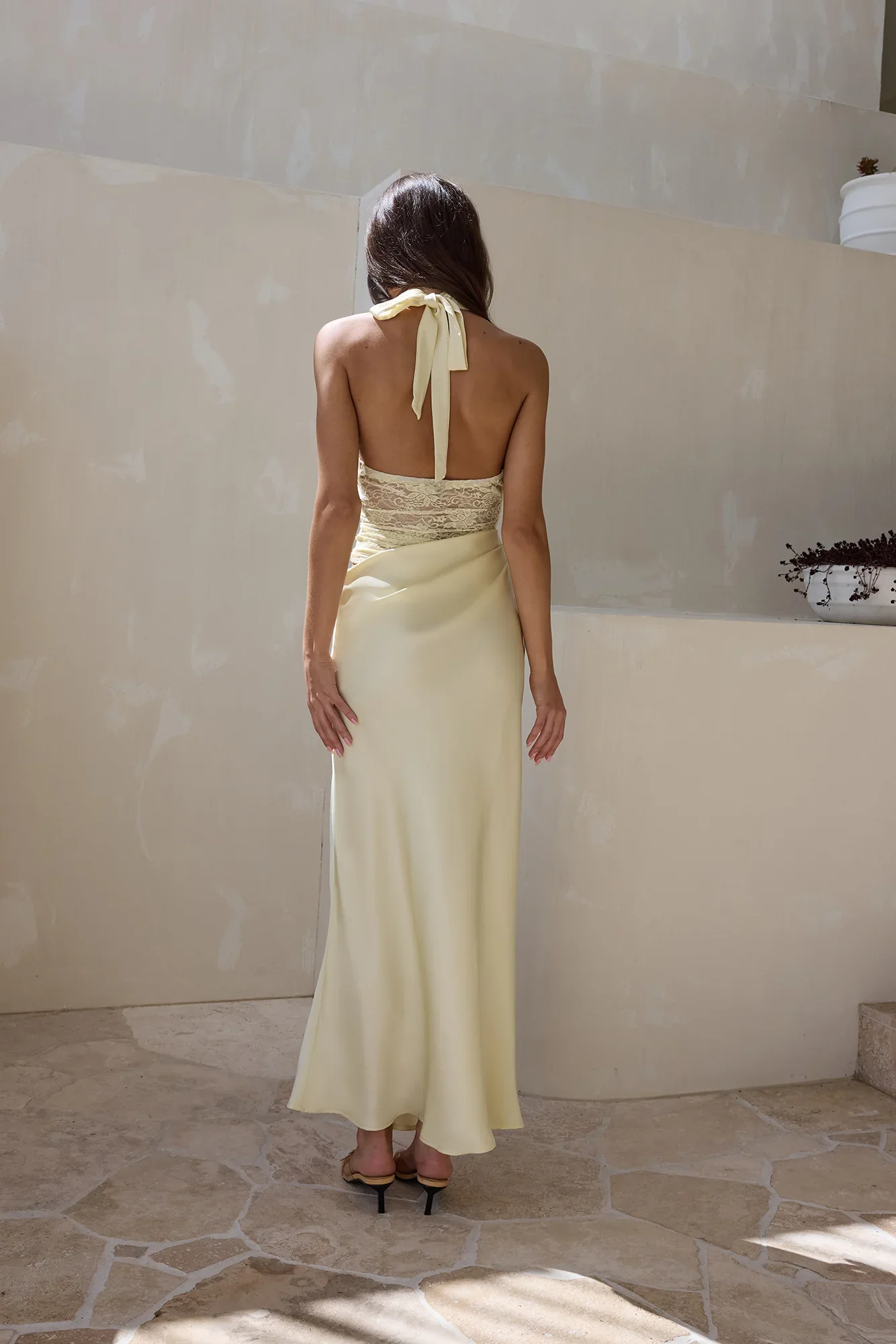 Call Me Yours Lace Halter Satin Maxi Dress Lemon