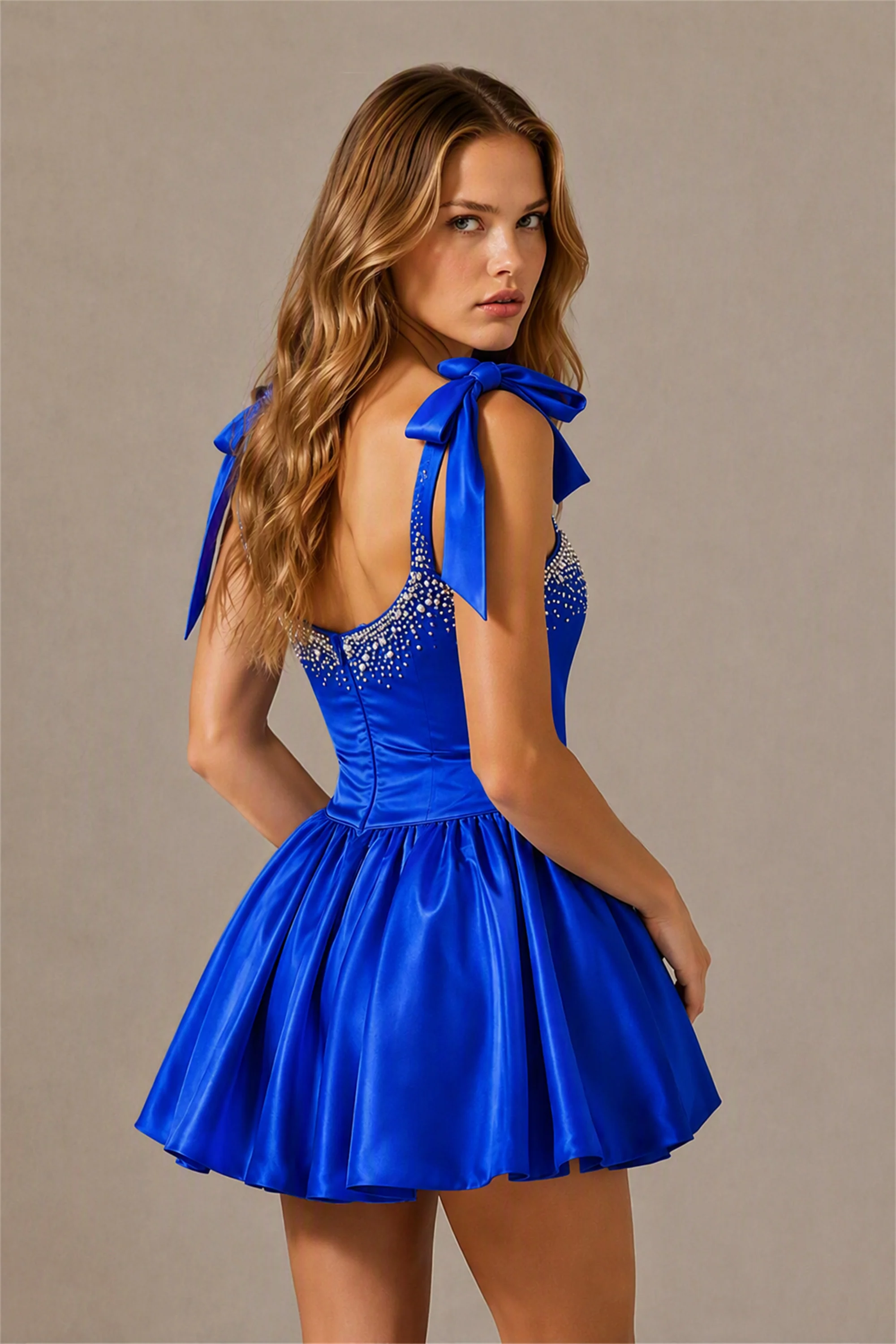 BOLODOO Royal Blue Satin Pearl Embellished Sweetheart Bow Strap Bubble Hem Mini Dress | Cocktail Prom Homecoming Dress