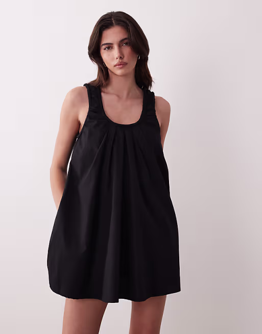 poplin scoop ruched neck mini sundress in black