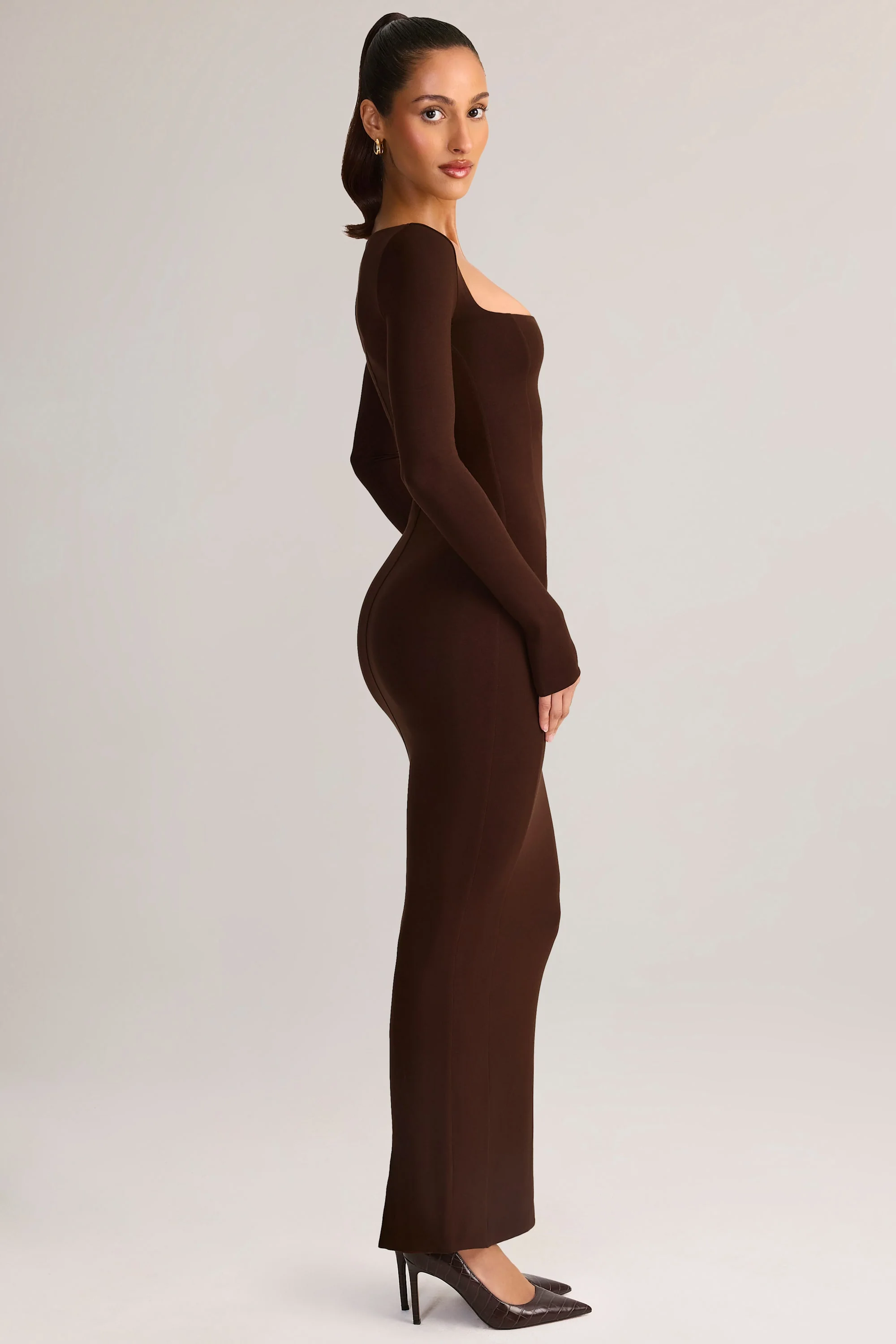 Modal Square-Neck Bodycon Maxi Dress in Chocolate Brown