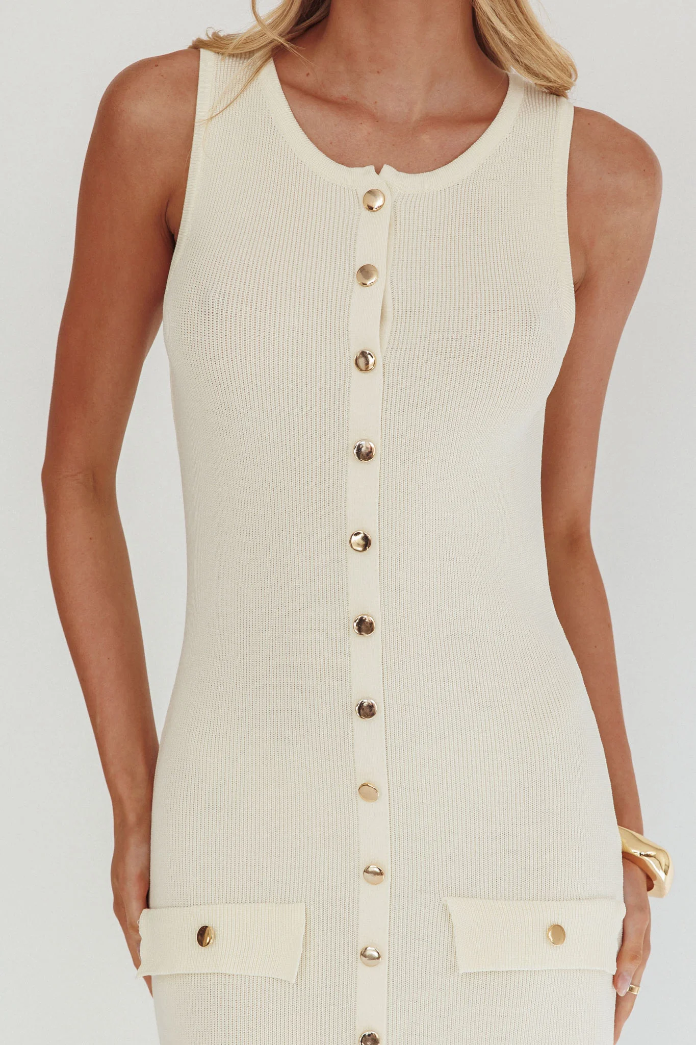 Kelani Gold Button Knit Maxi Dress Cream - luluinthesky