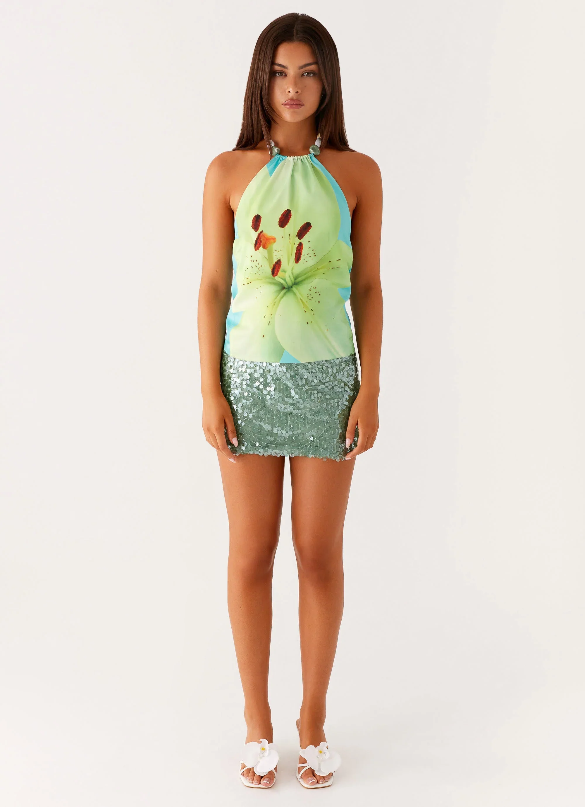 Dalila Beaded Tie Back Top - Turquoise Floral