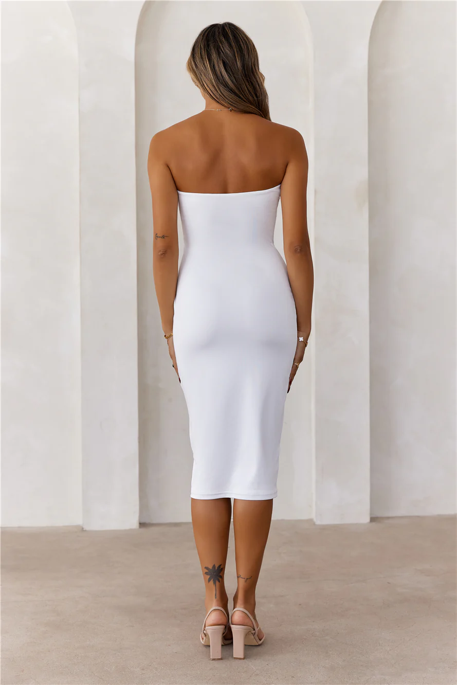 BASE  Ultimate Strapless Bodycon Midi Dress White - luluinthesky