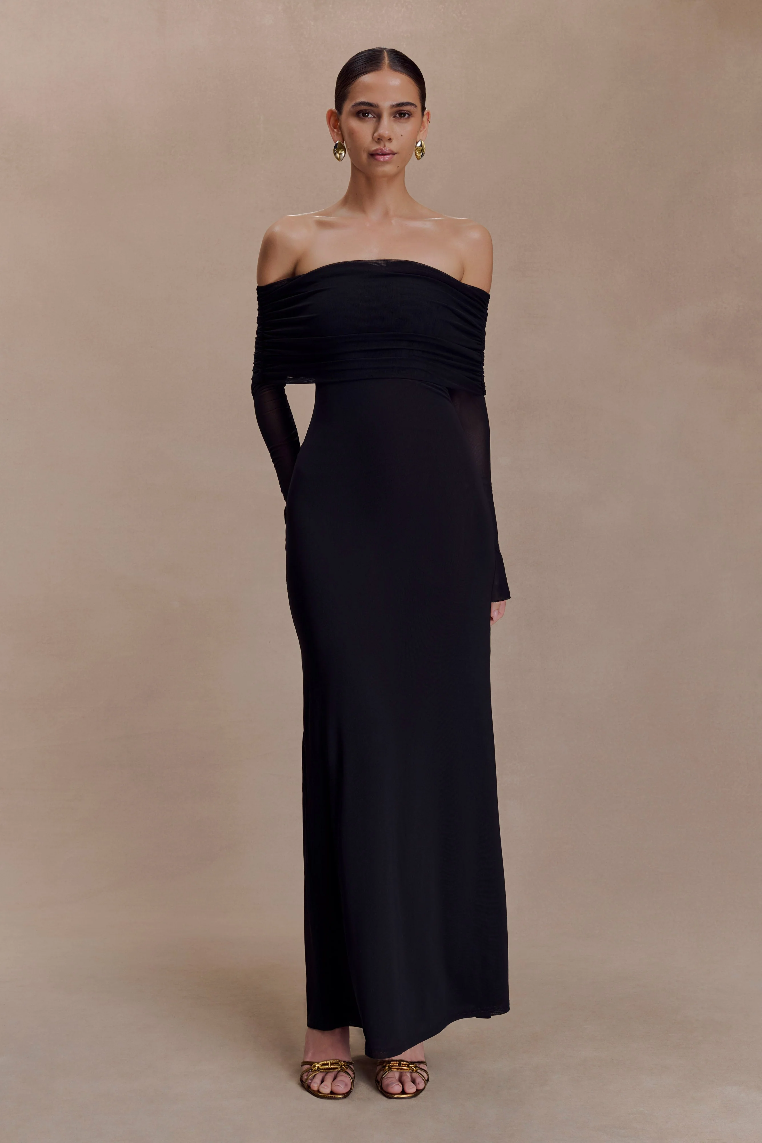 Josie Off Shoulder Mesh Maxi Dress - Black