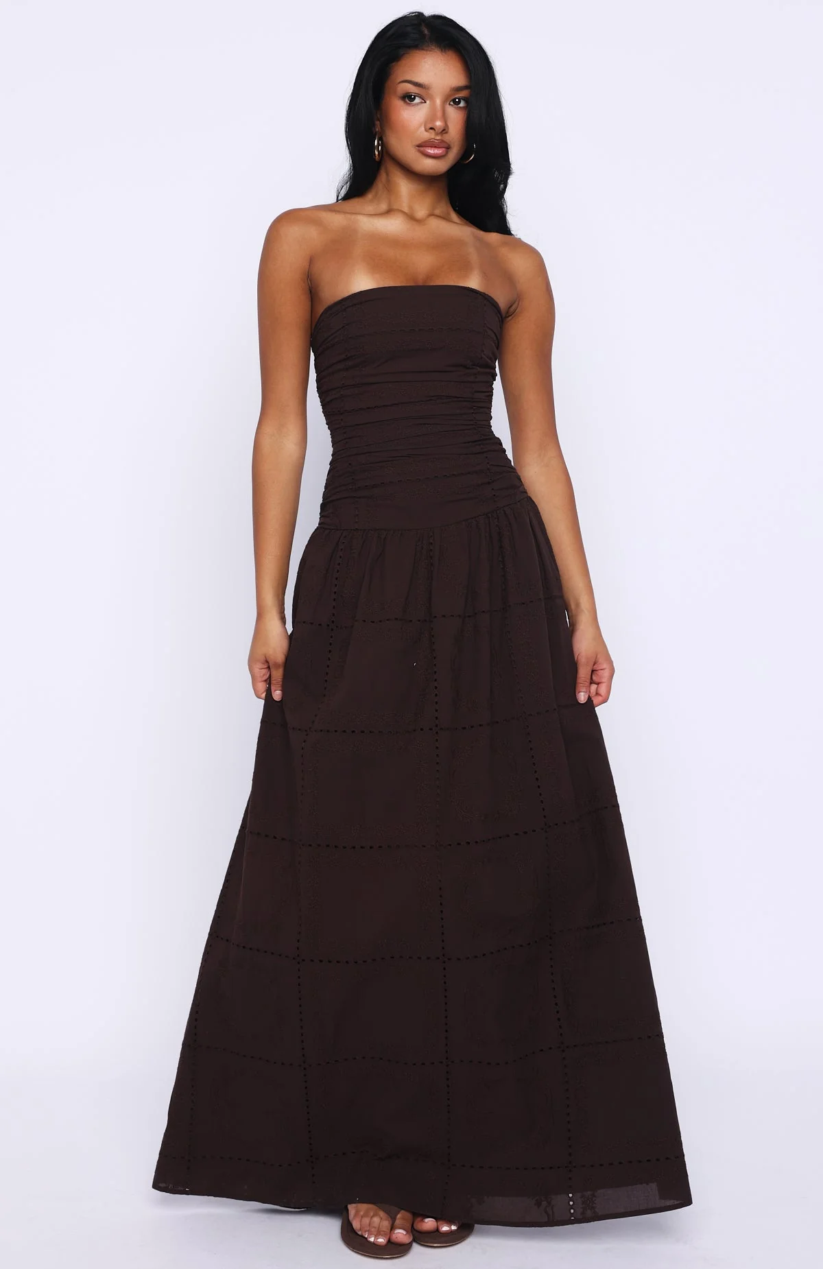 Bittersweet Babe Strapless Broderie Maxi Dress Chocolate