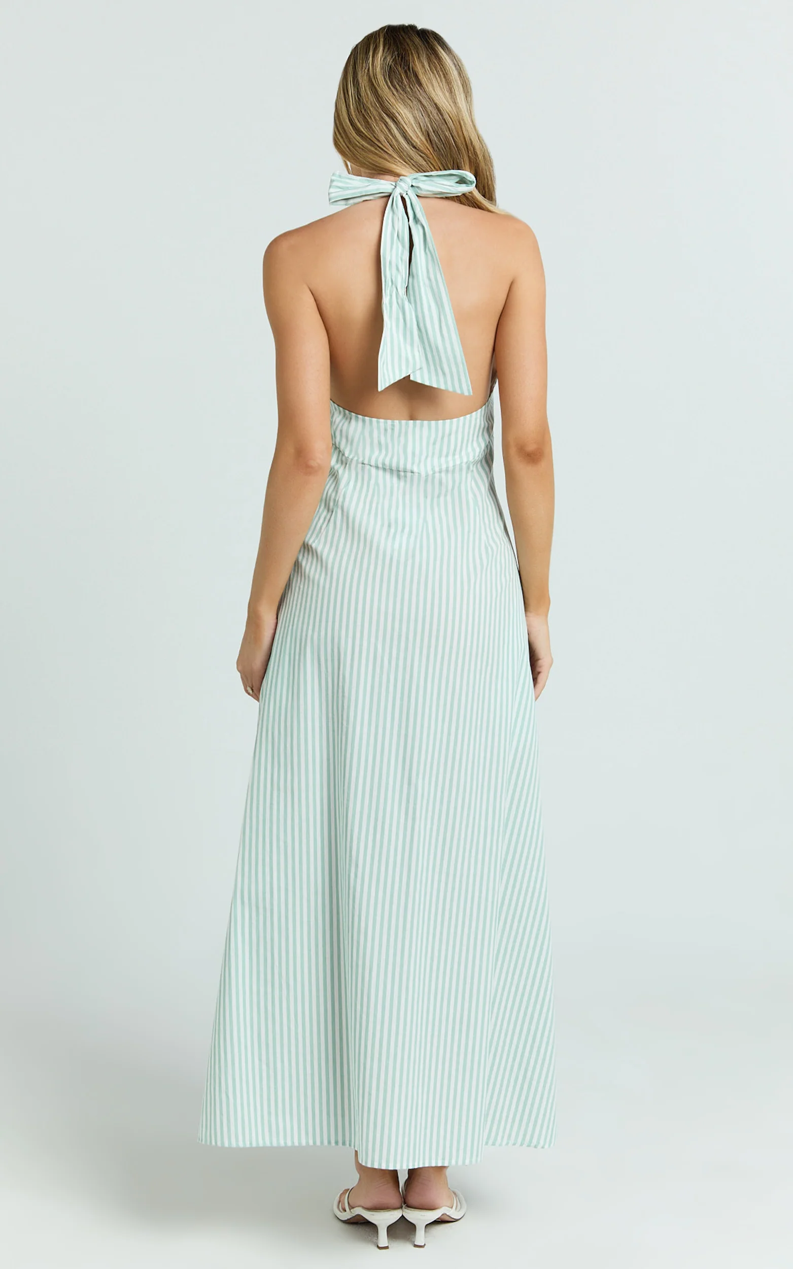 Jeienn Midi Dress - Ruched Shoulder Bodice A Line Placket Front Skirt Dress in Mint Stripe
