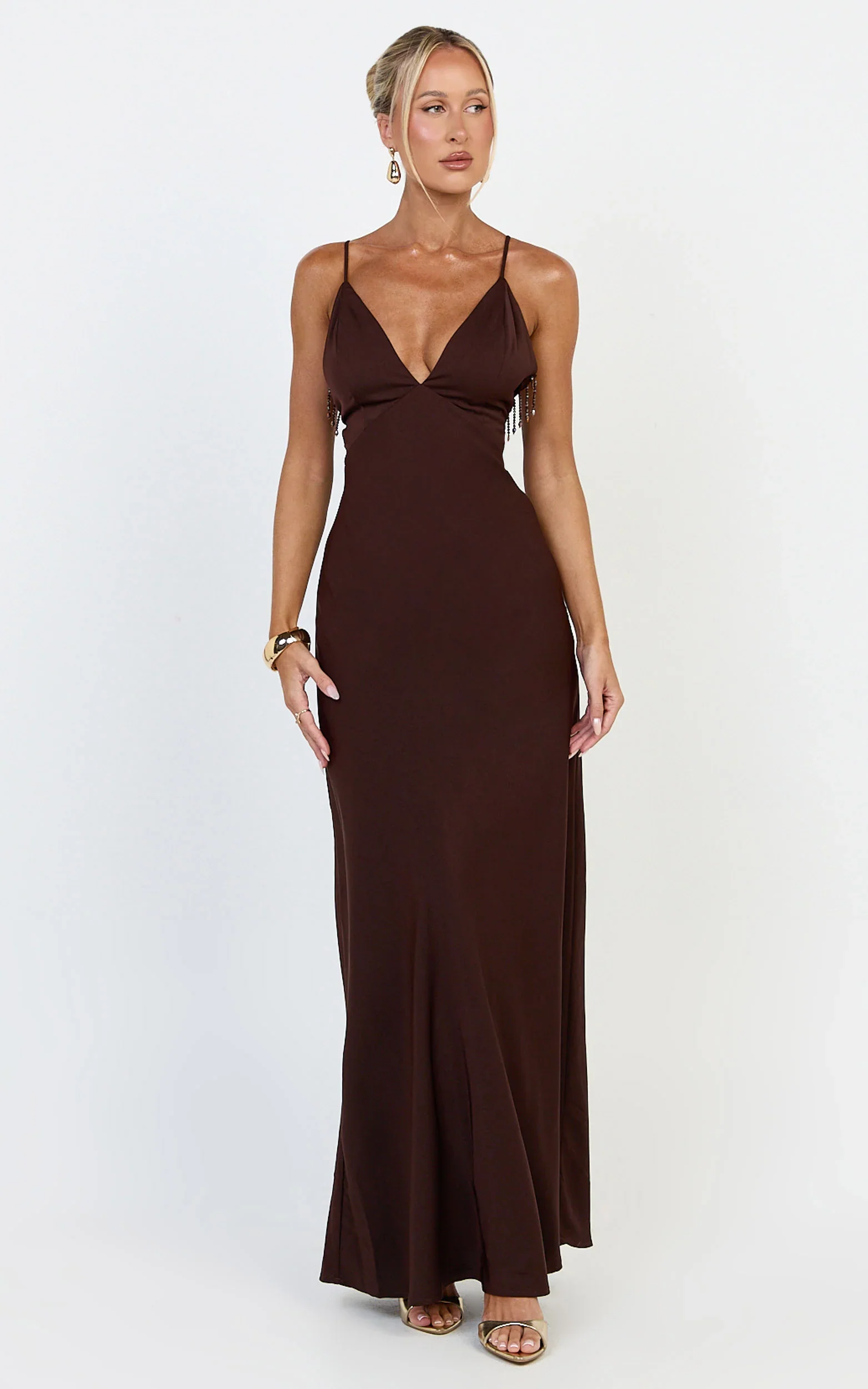 Azura Maxi Dress - Backless Beaded Trim Dress in Chocolate