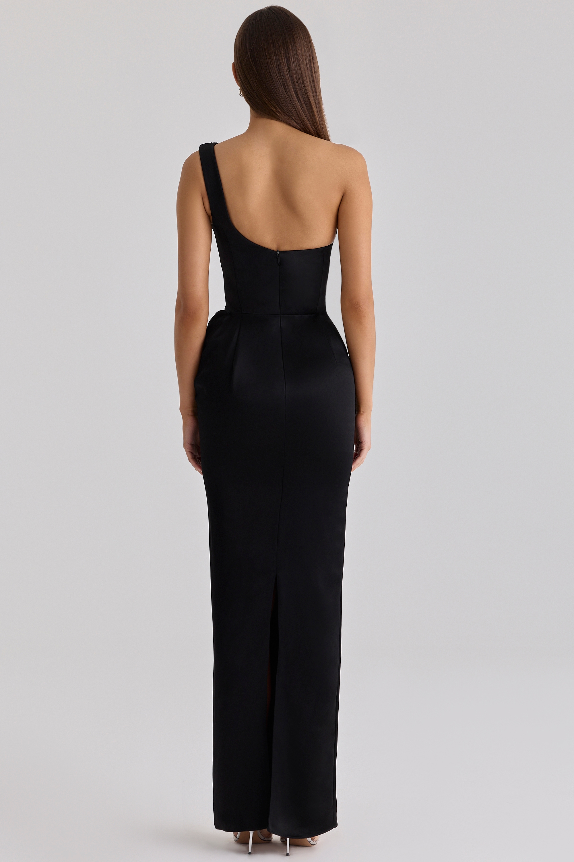 Black Satin One Shoulder Maxi Dress