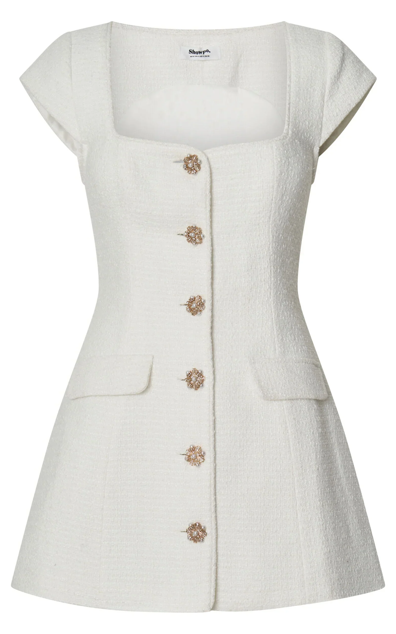 Patsy Mini Dress - Boucle Cap Sleeve Button Front Fitted Dress in White - luluinthesky