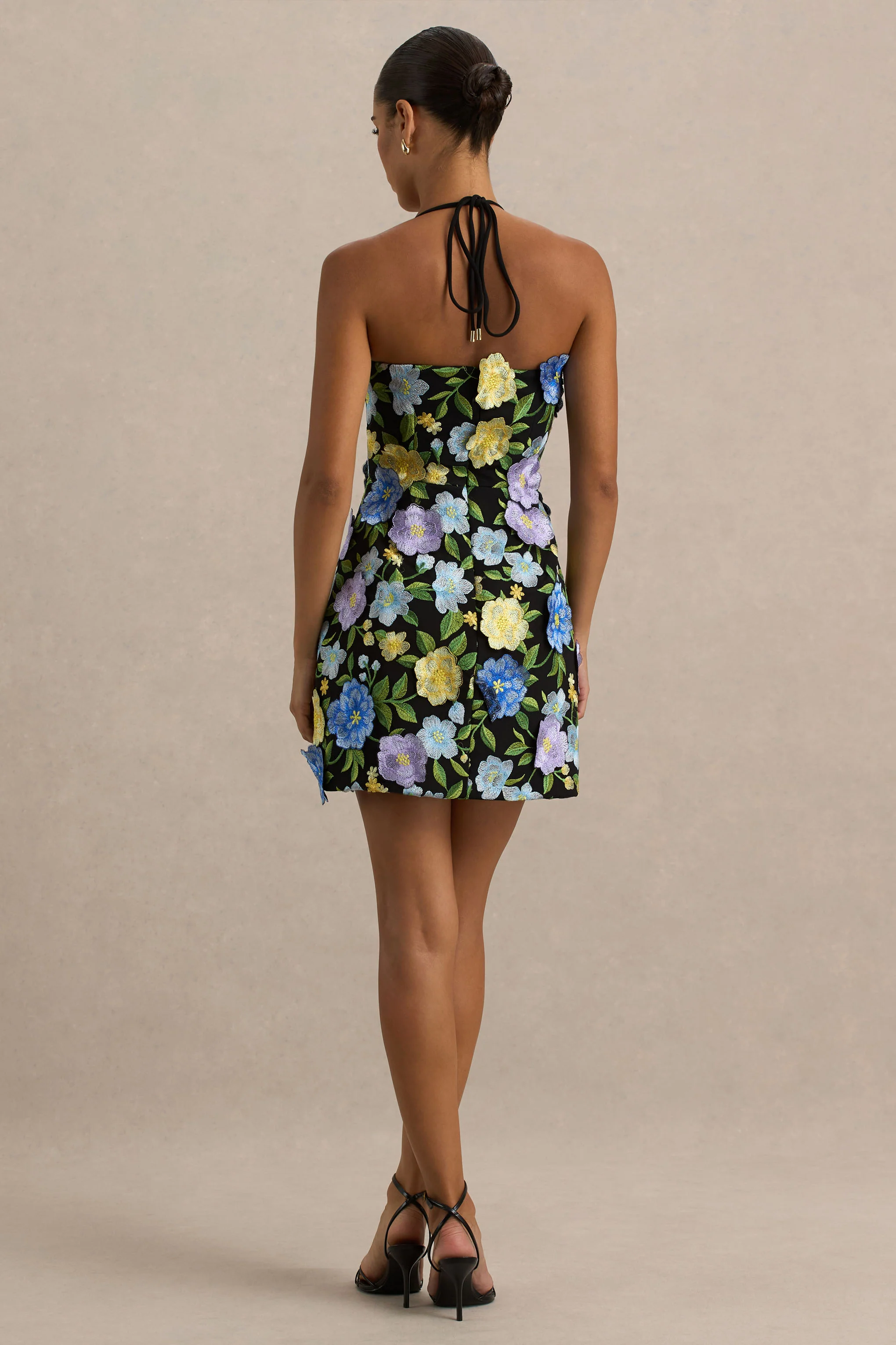 Aisha | Black Floral Embellished Square-Neck Mini Dress