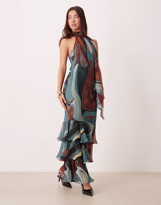 chiffon halter neck maxi dress with scarf detail in blue abstract