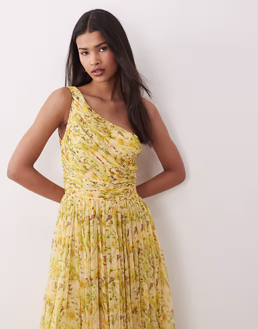 Lace & Beads one shoulder tulle maxi dress in yellow floral