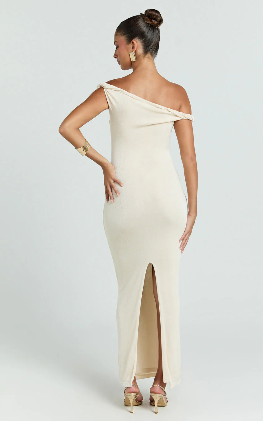 Isabel Midi Dress - Twist Off Shoulder Bodycon Dress in Cream - luluinthesky
