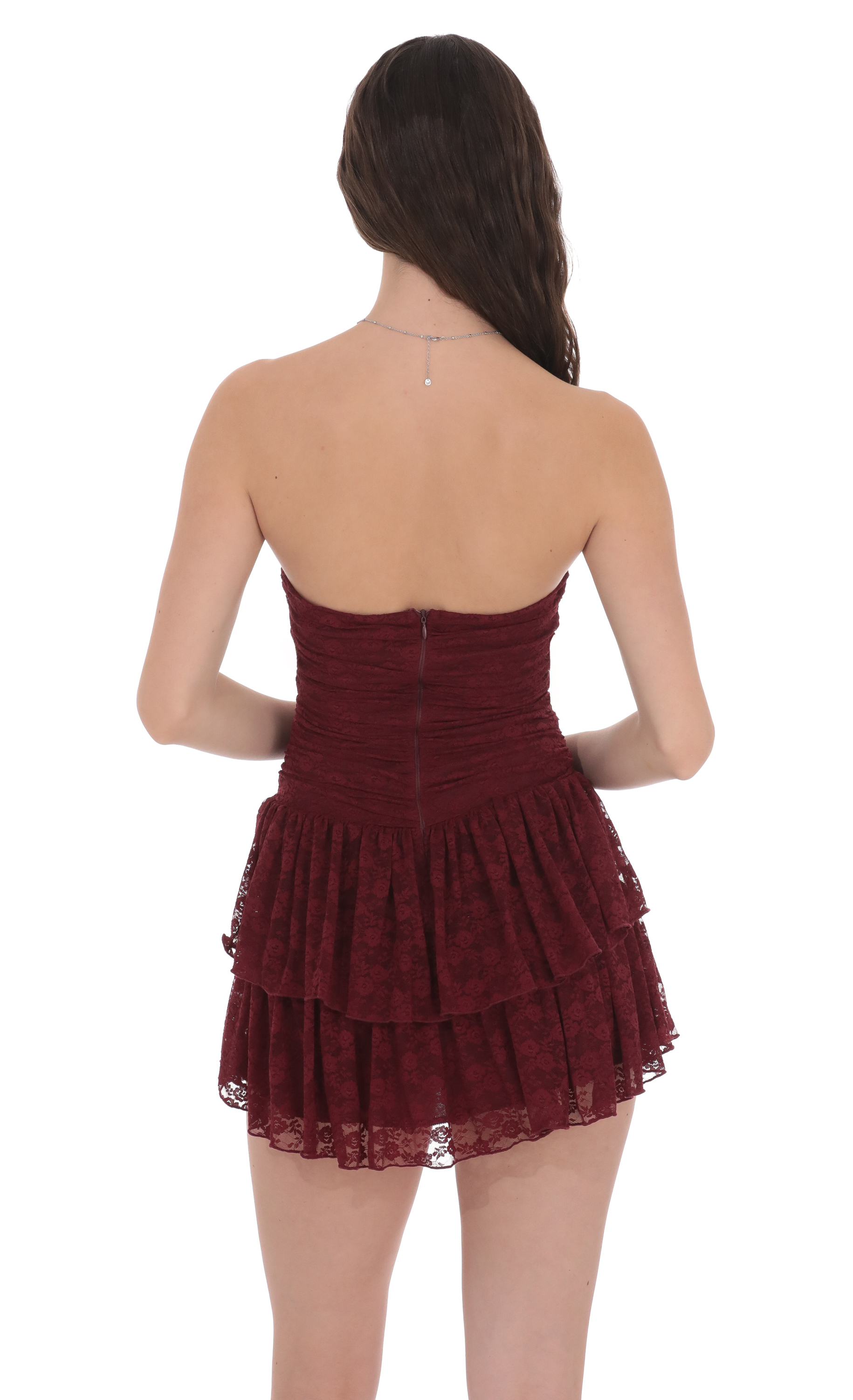 Lace Strapless Ruched Ruffle Dress in Burgundy - luluinthesky