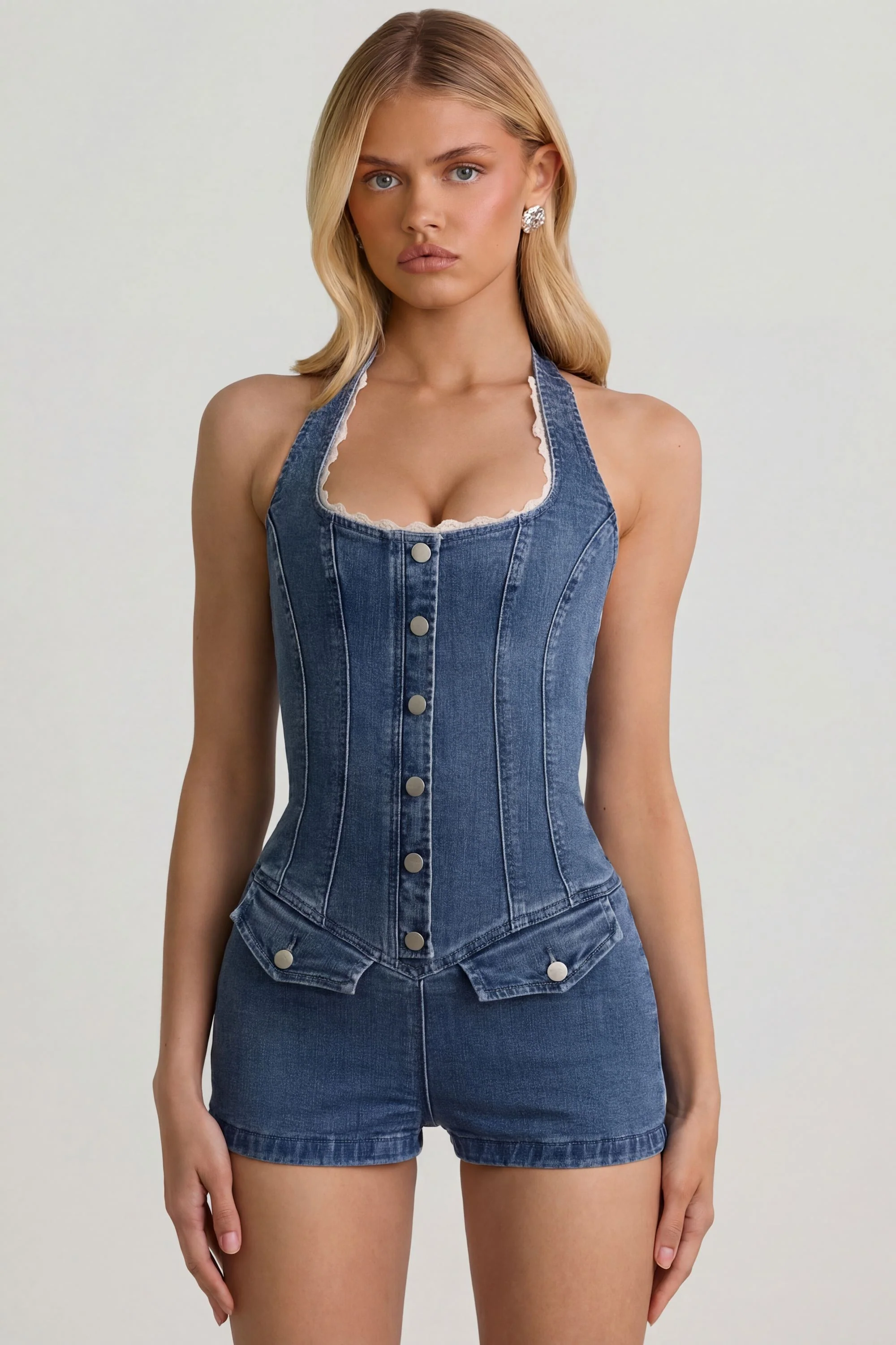Button-Down Halterneck Playsuit in Mid-Blue