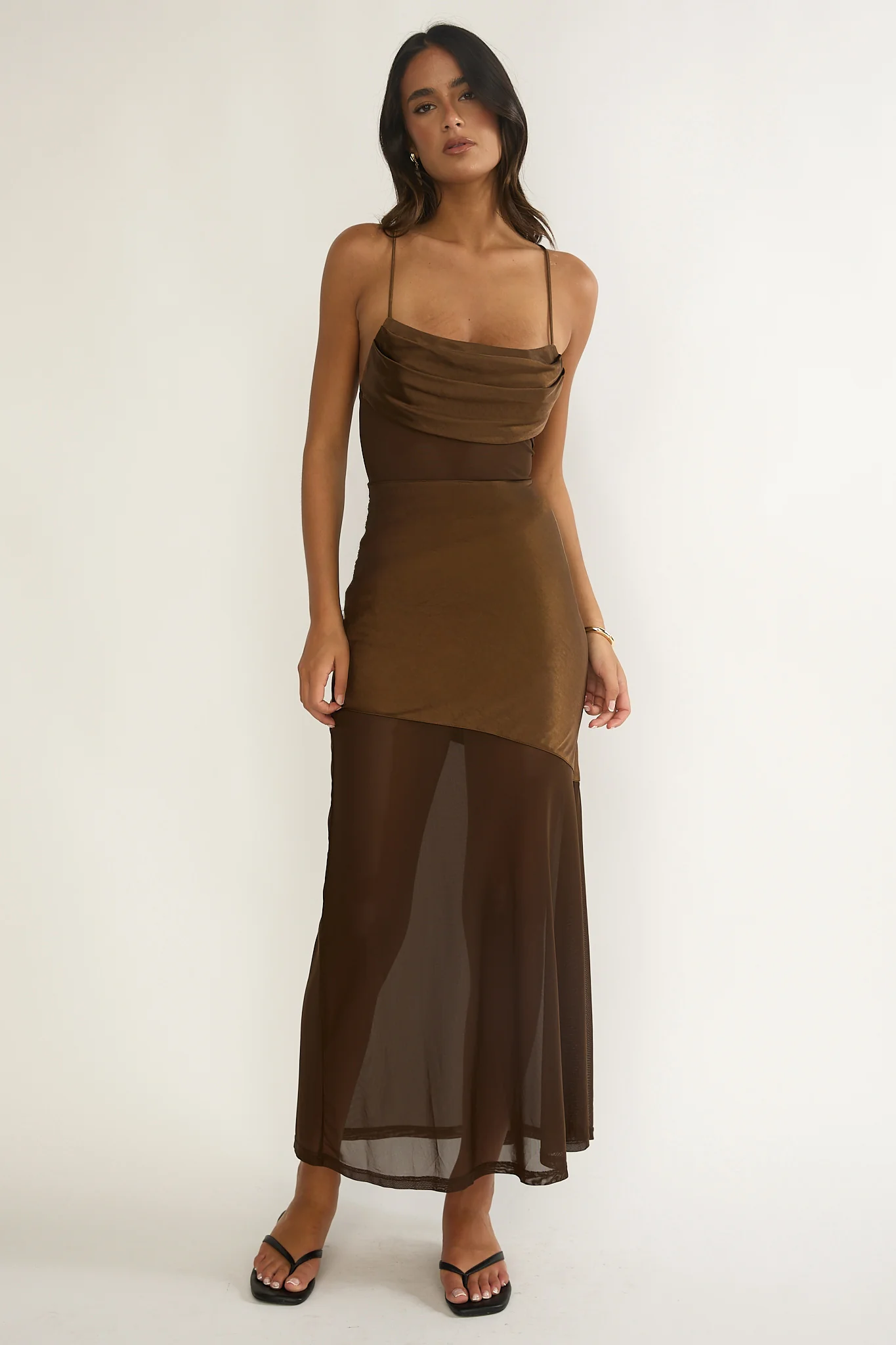 Golden Era Sheer Waist Maxi Dress Chocolate