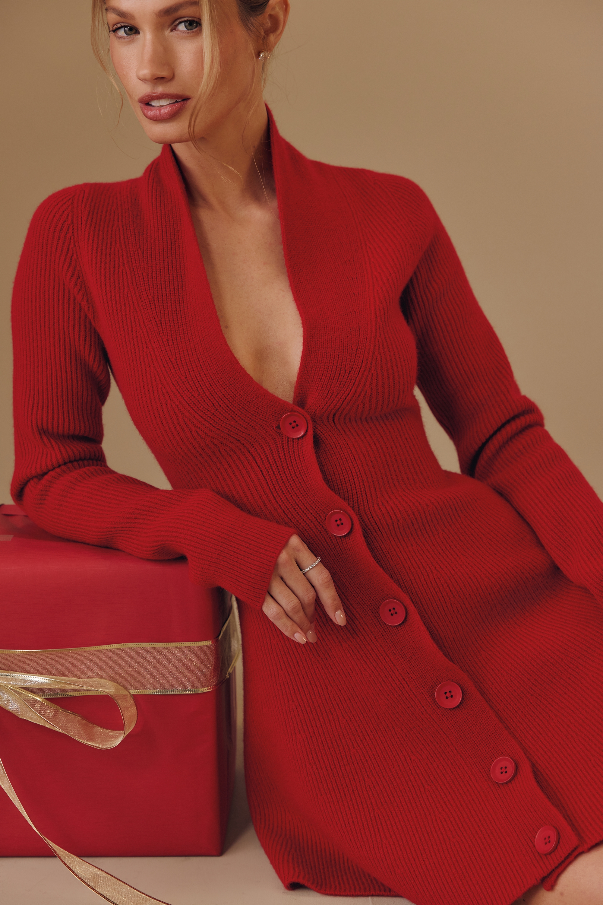 Red Pure New Wool Cardigan Mini Dress