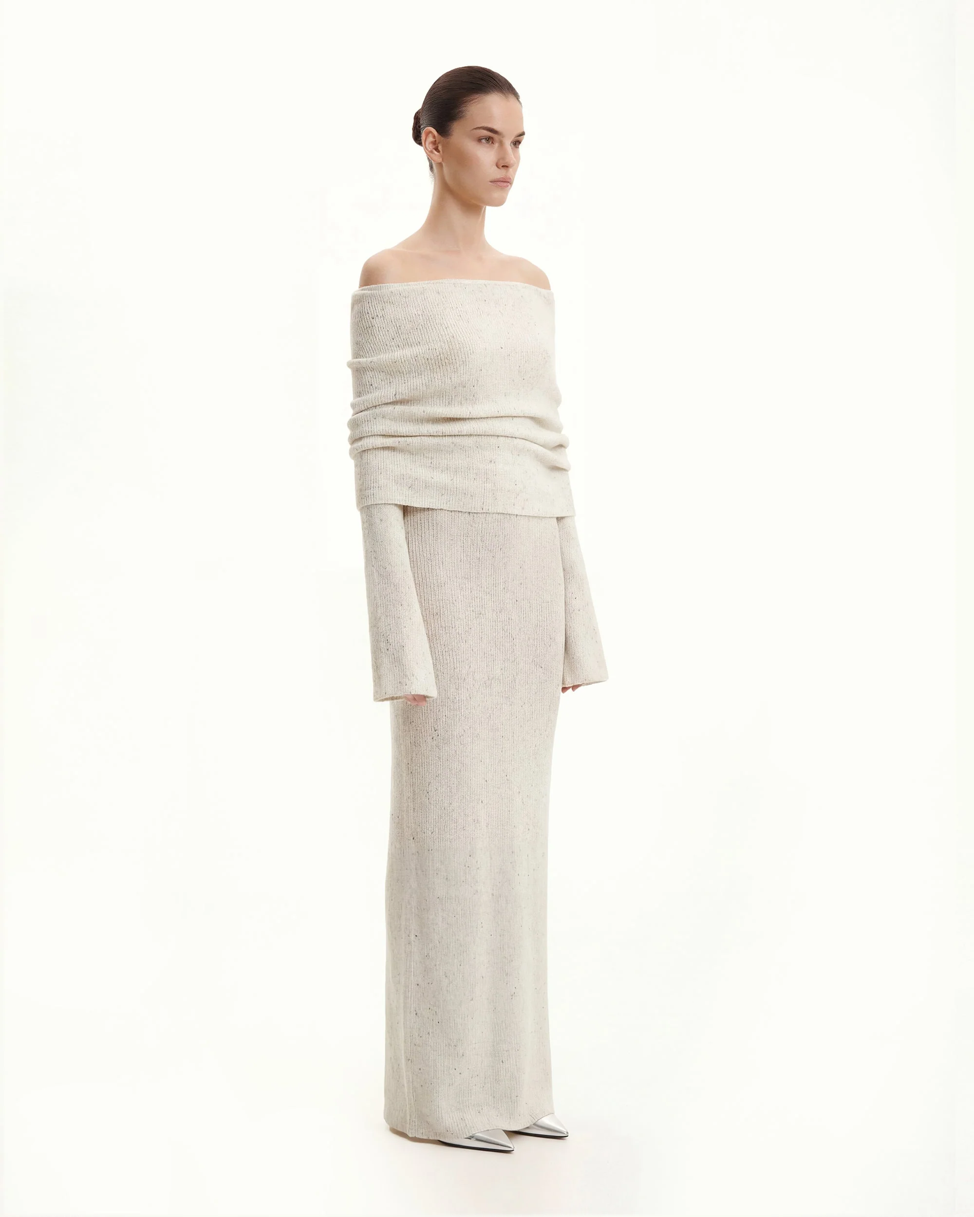 Knit Off-Shoulder Maxi Dress - Cream - FASHION NOB