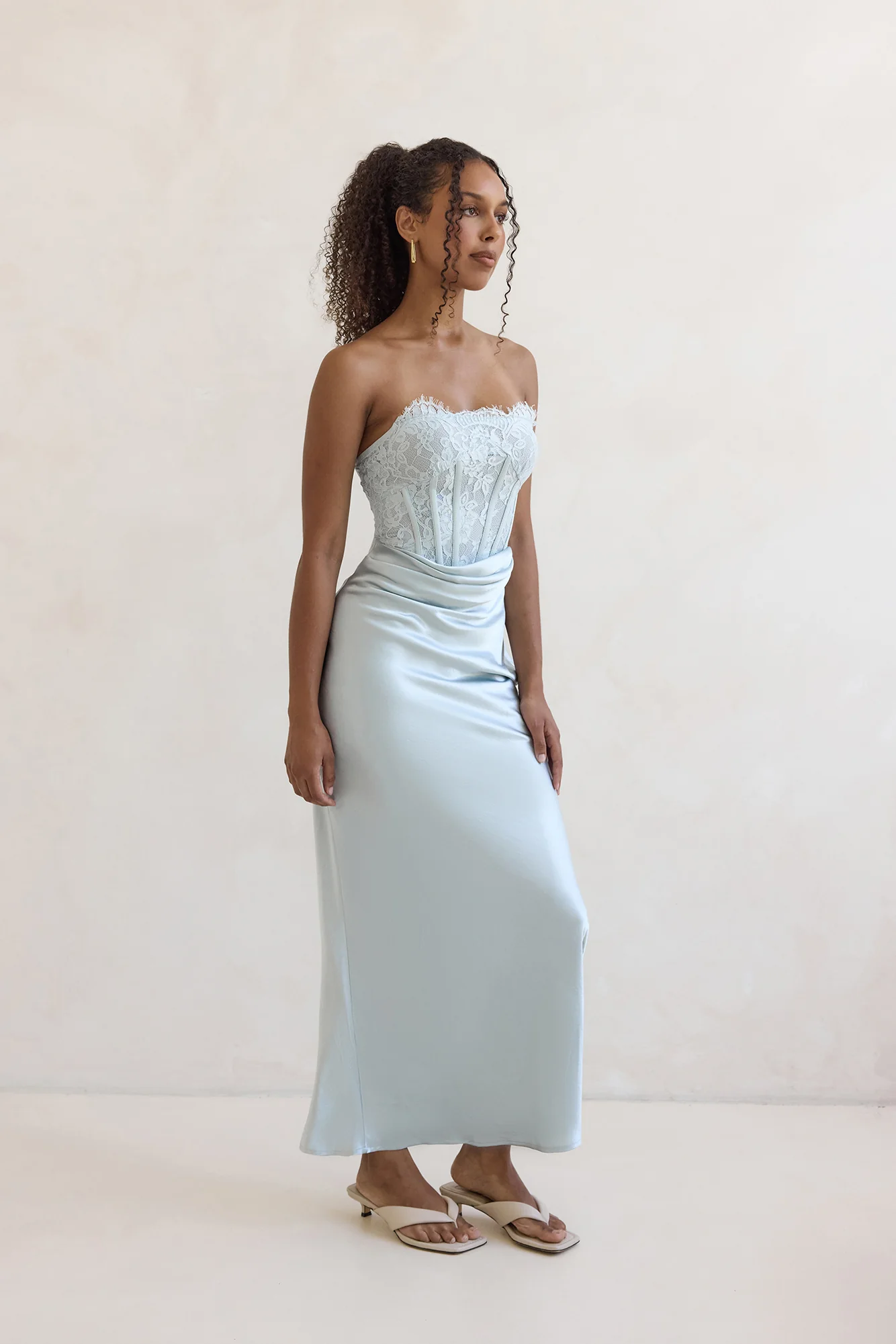 Away With You Satin Lace Strapless Maxi Dress Blue