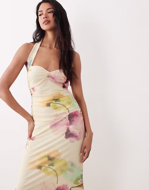 floral printed sweetheart neck mesh fishtail maxi dress in buttermilk