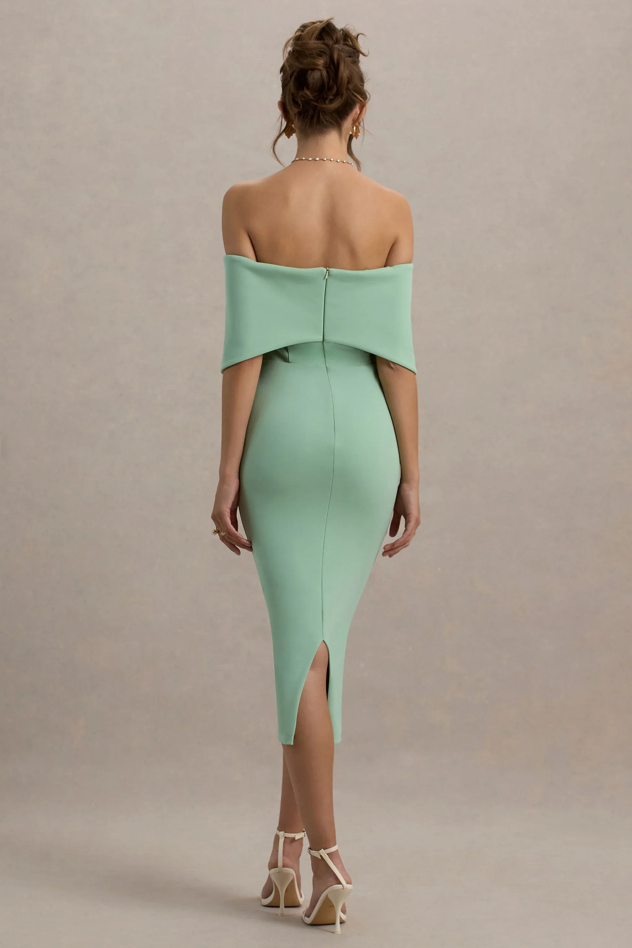 Bayshore | Light Green Bow Bardot Midi Dress