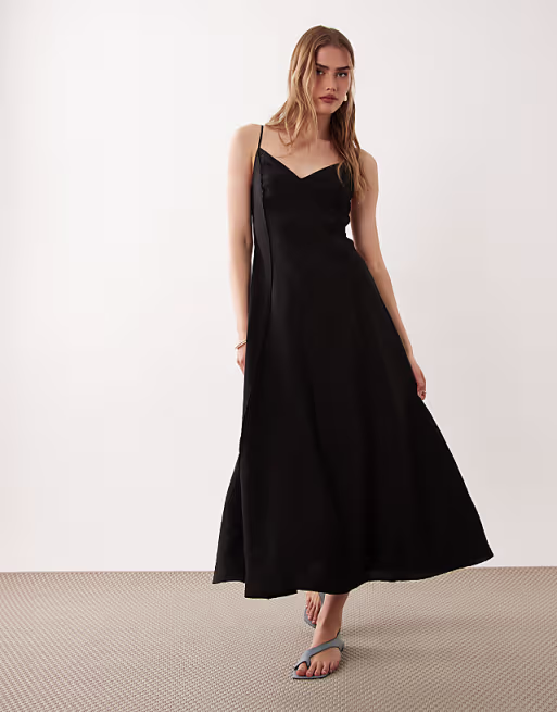 Mango v-neck sleeveless midi dress with pleat detail in black