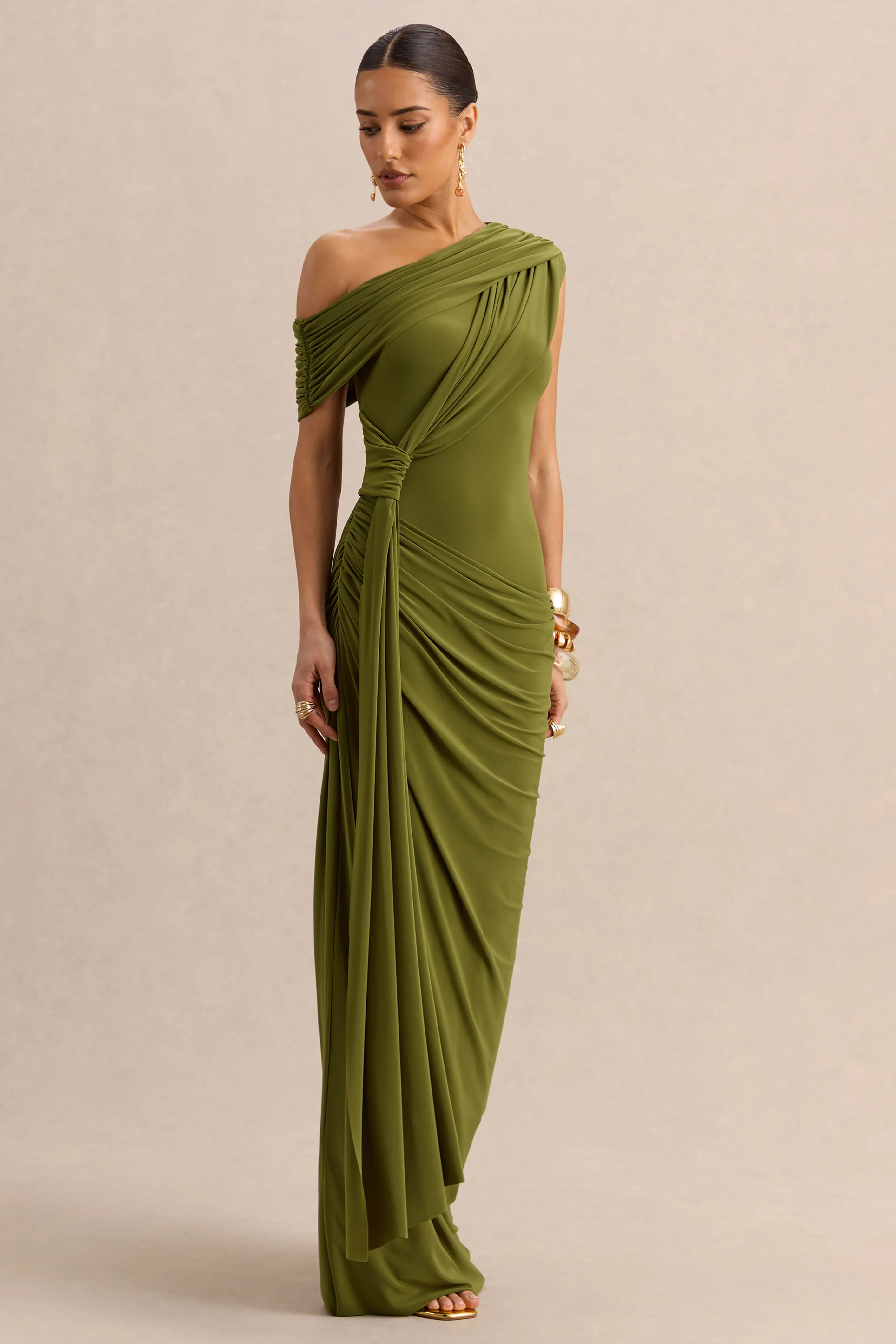 Avialee | Green Asymmetric-Neck Maxi Dress With Gathered-Detailing And Sash