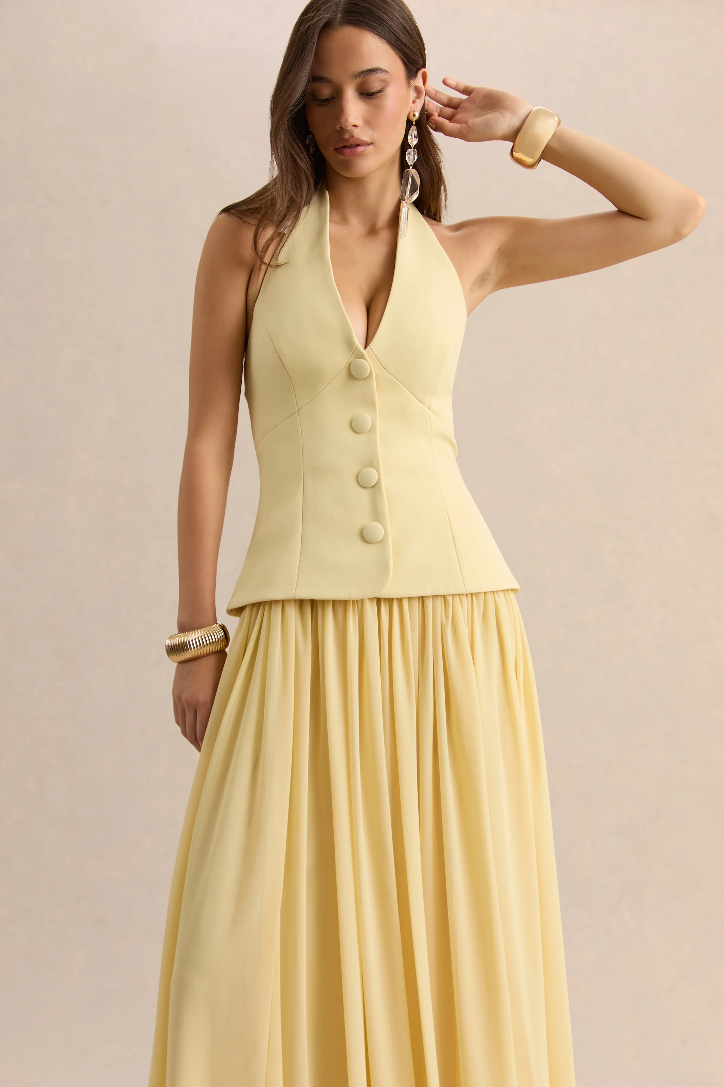 Zarina | Lemon Plunge-Neck Maxi Dress