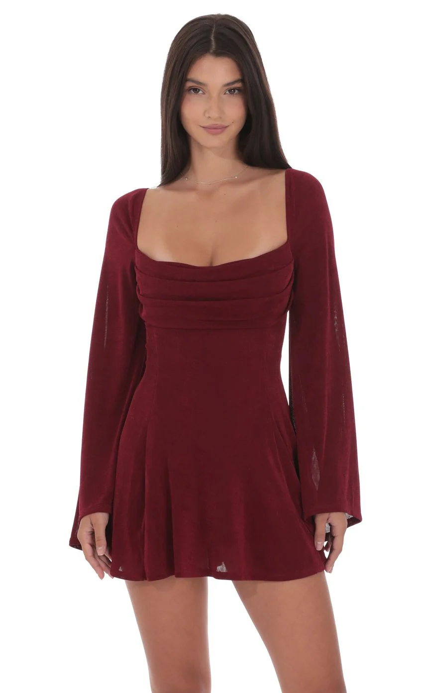 Slinky Flare Sleeve Dress in Burgundy - luluinthesky