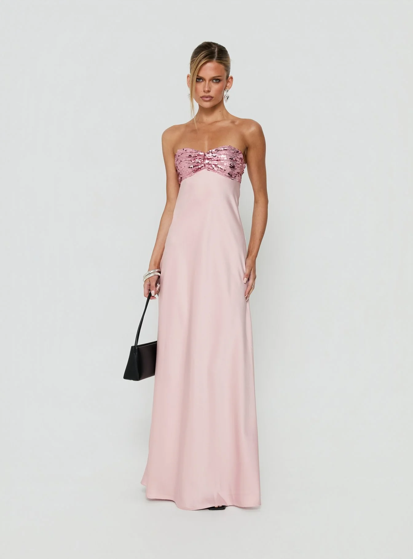 See The Vision Sequin Bust Strapless Maxi Dress Pink - luluinthesky