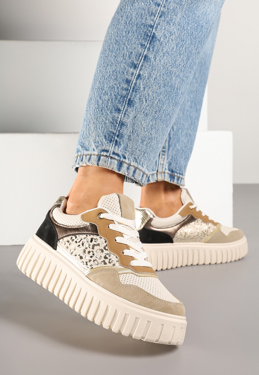Beżowo-Zielone Sneakersy na Platformie z Tłoczeniami Zdobione Panterkowym Printem Herraza