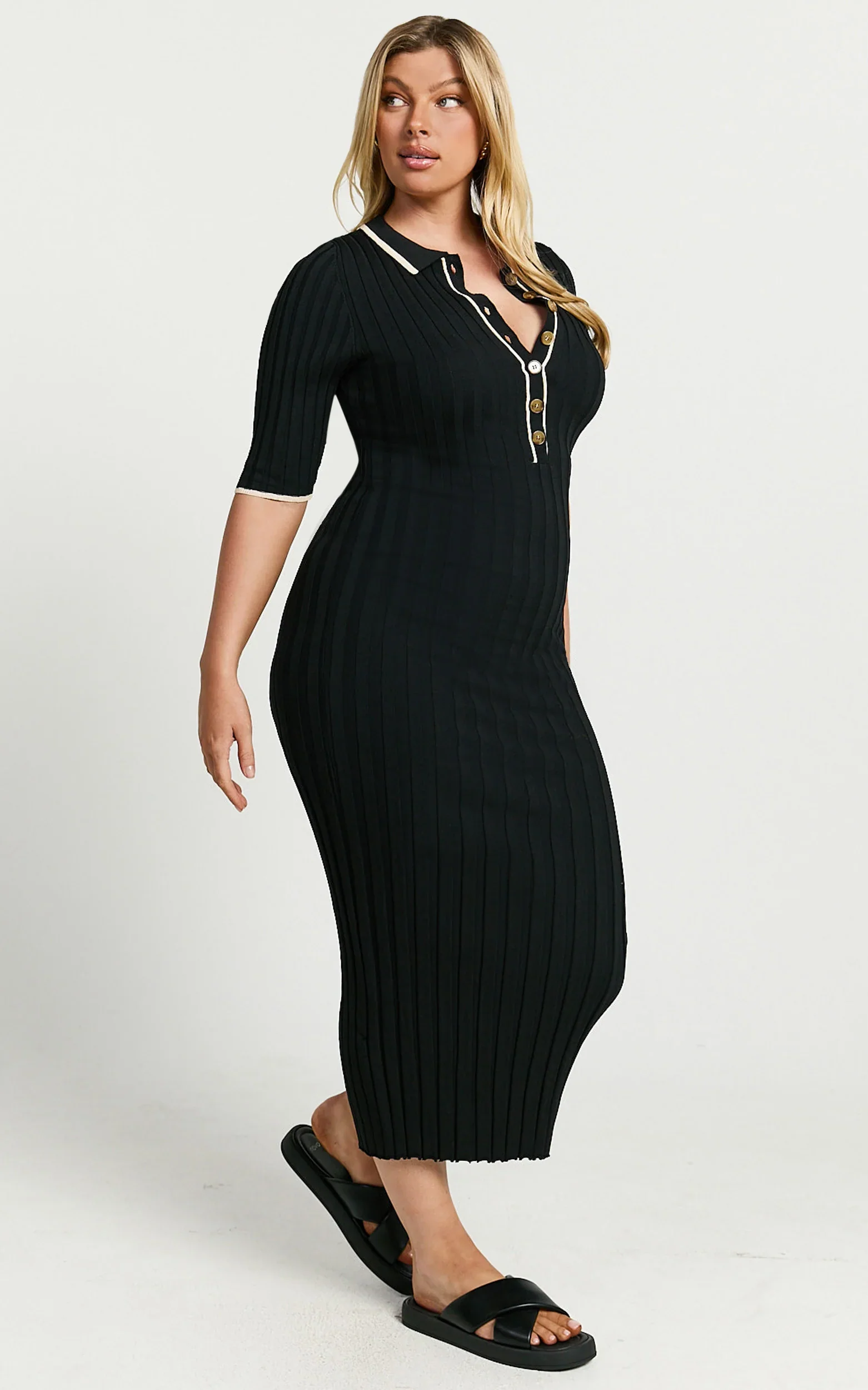 Lada Midi Dress - Short Sleeve Button Front Knit Dress in Black