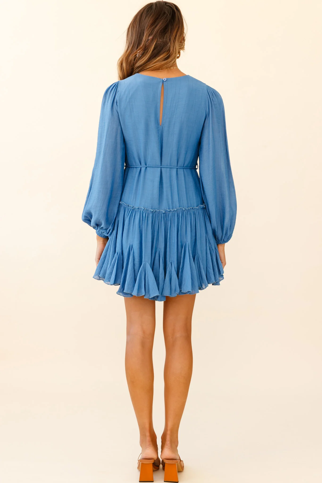 Rosabel Balloon Sleeve Fluted Hem Dress Denim Blue